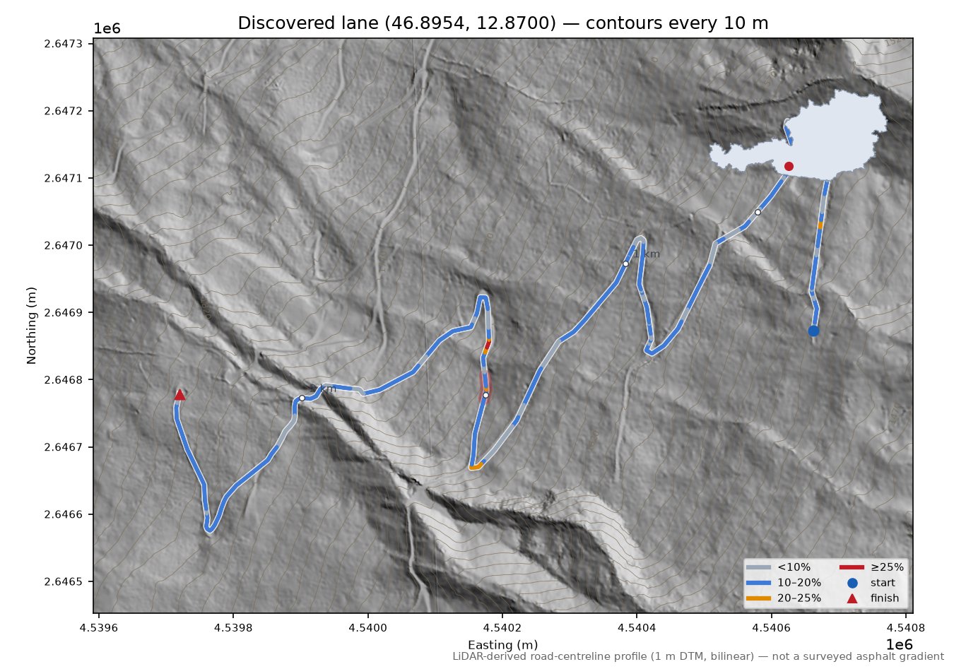 Discovered lane (46.8954, 12.8700) LiDAR hillshade map with contours