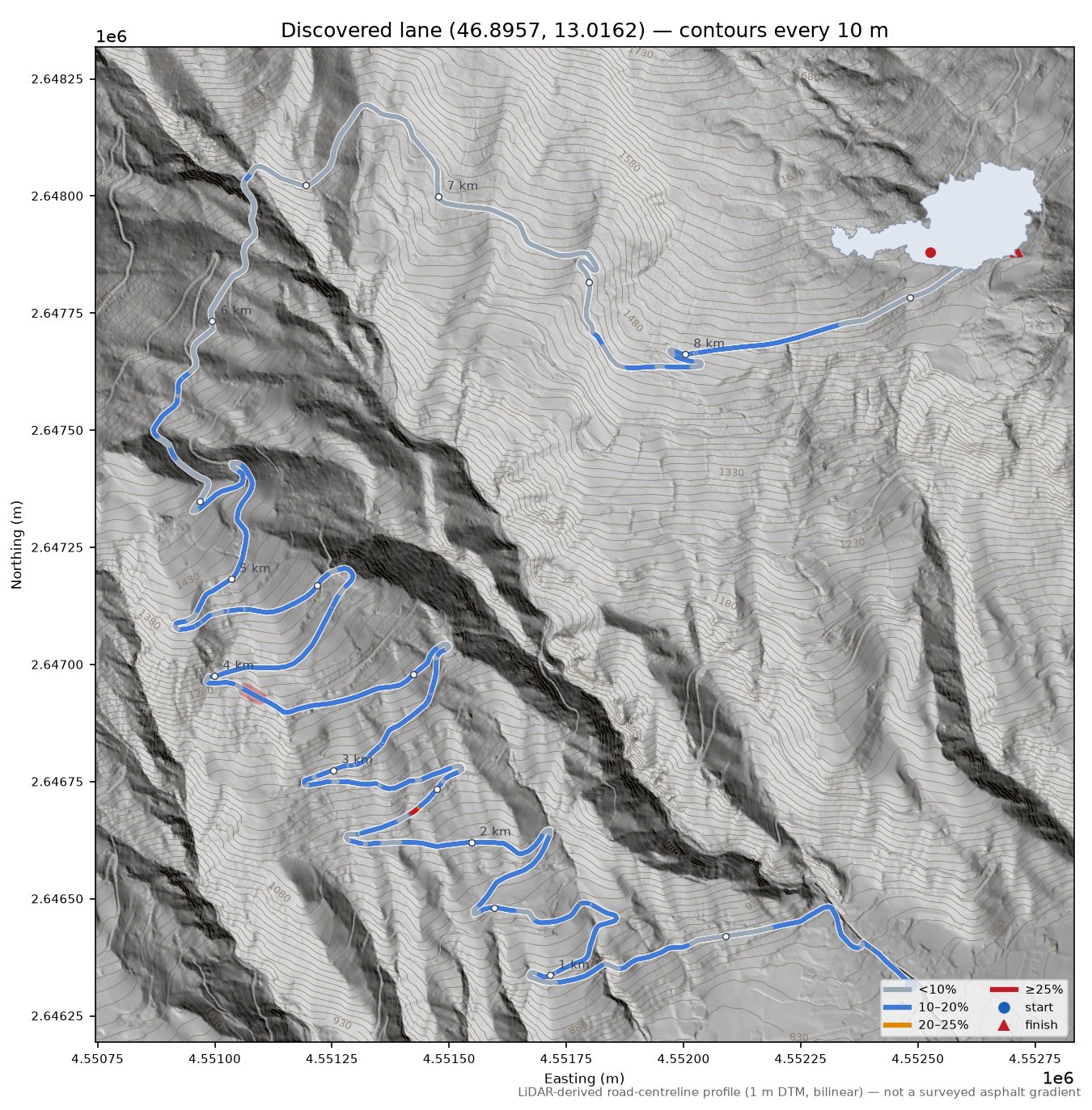 Discovered lane (46.8957, 13.0162) LiDAR hillshade map with contours