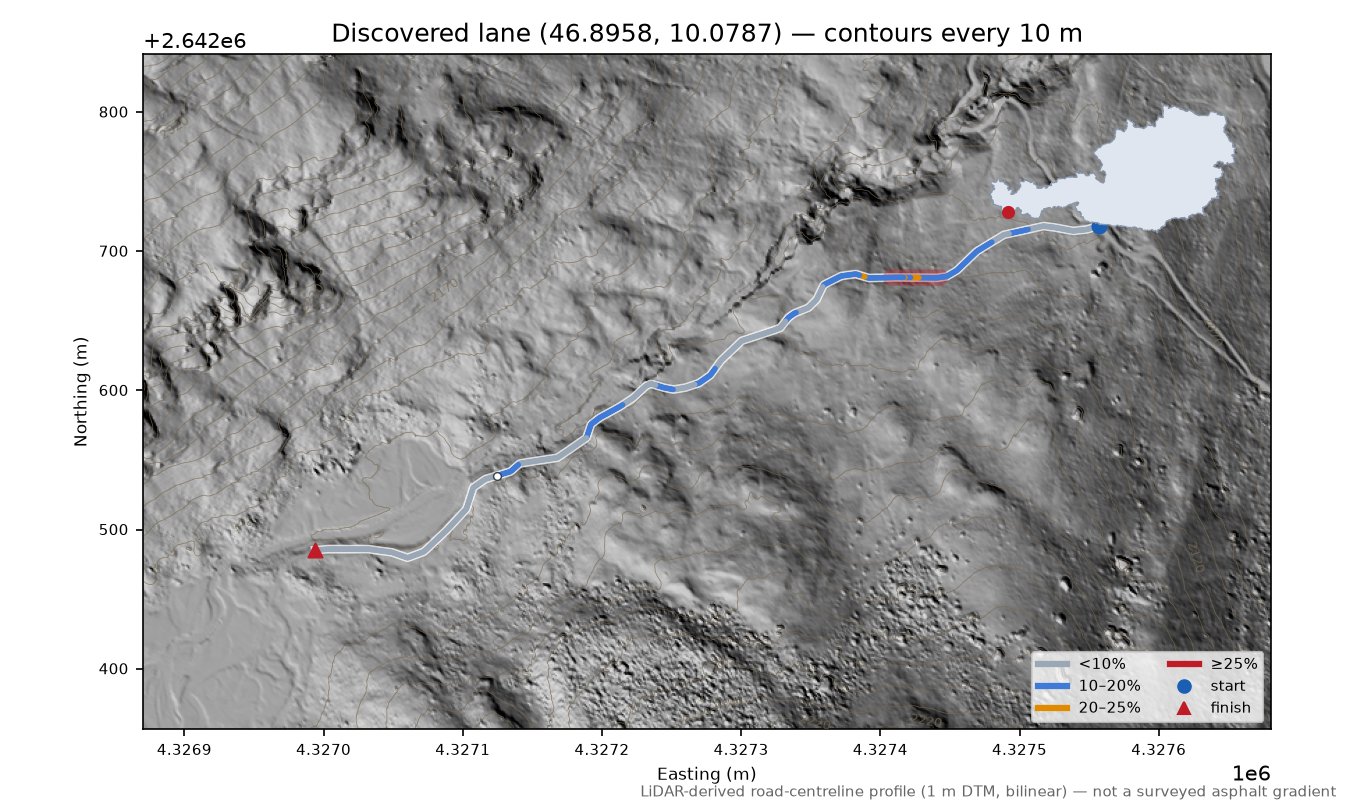Discovered lane (46.8958, 10.0787) LiDAR hillshade map with contours