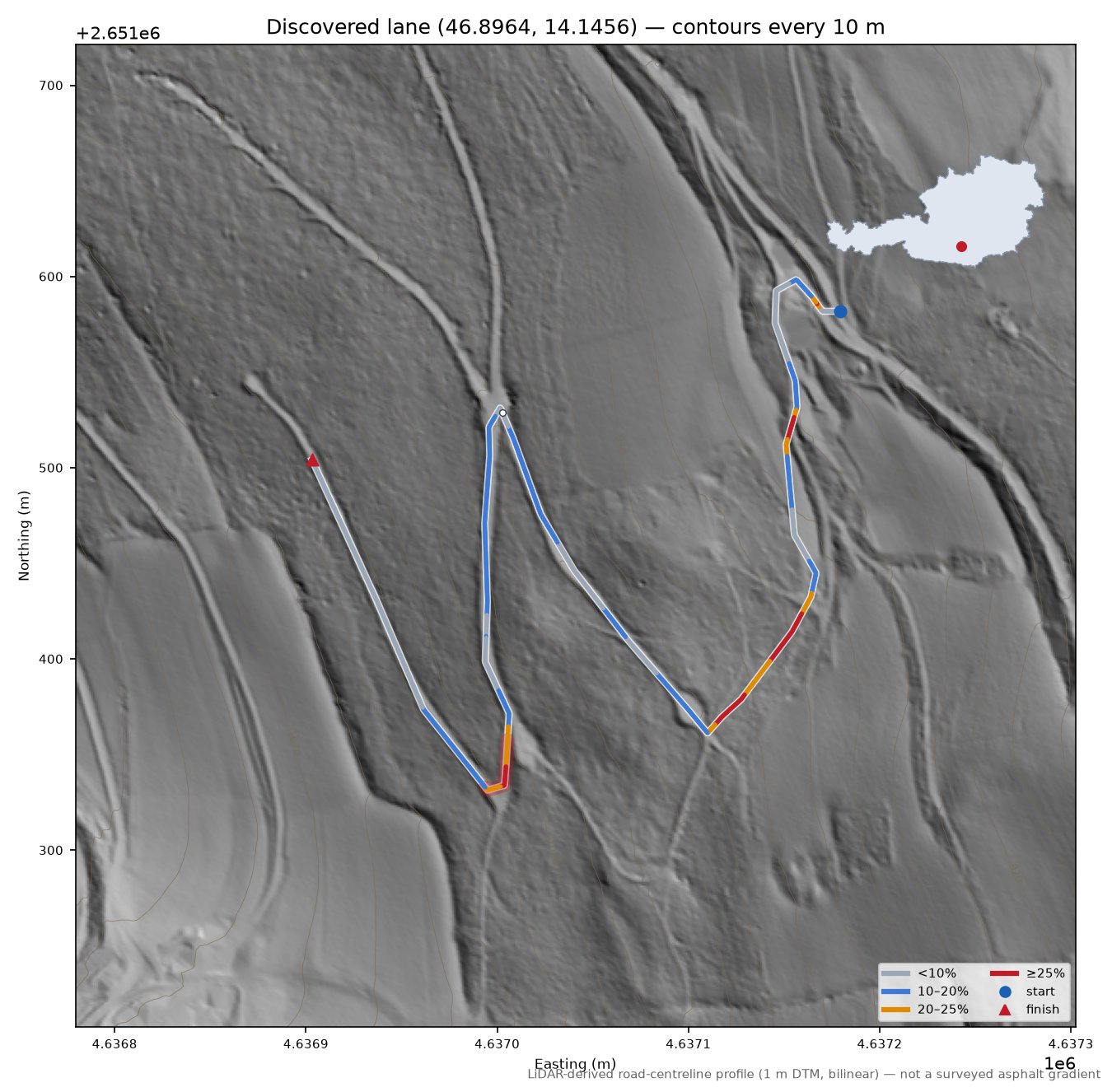 Discovered lane (46.8964, 14.1456) LiDAR hillshade map with contours