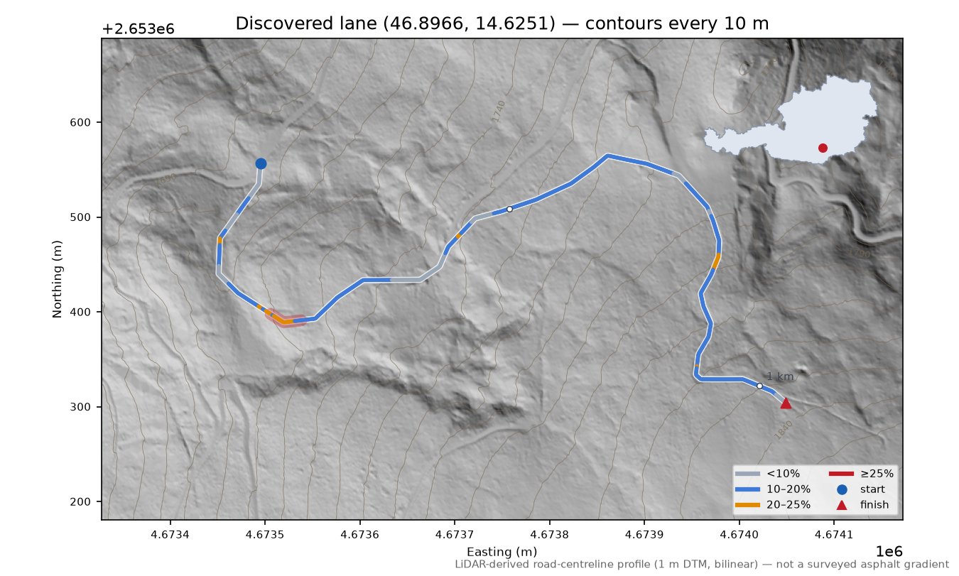 Discovered lane (46.8966, 14.6251) LiDAR hillshade map with contours