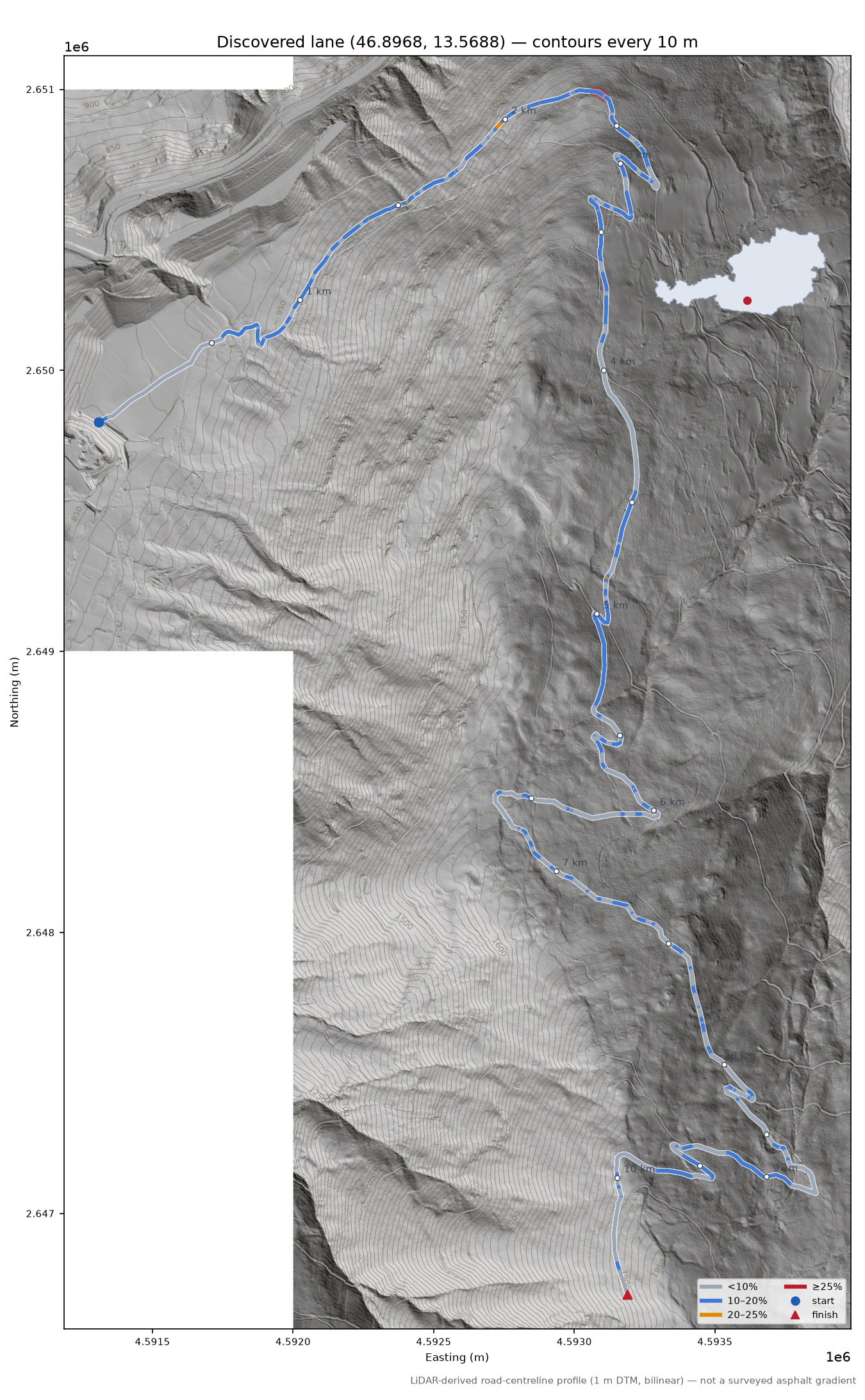 Discovered lane (46.8968, 13.5688) LiDAR hillshade map with contours