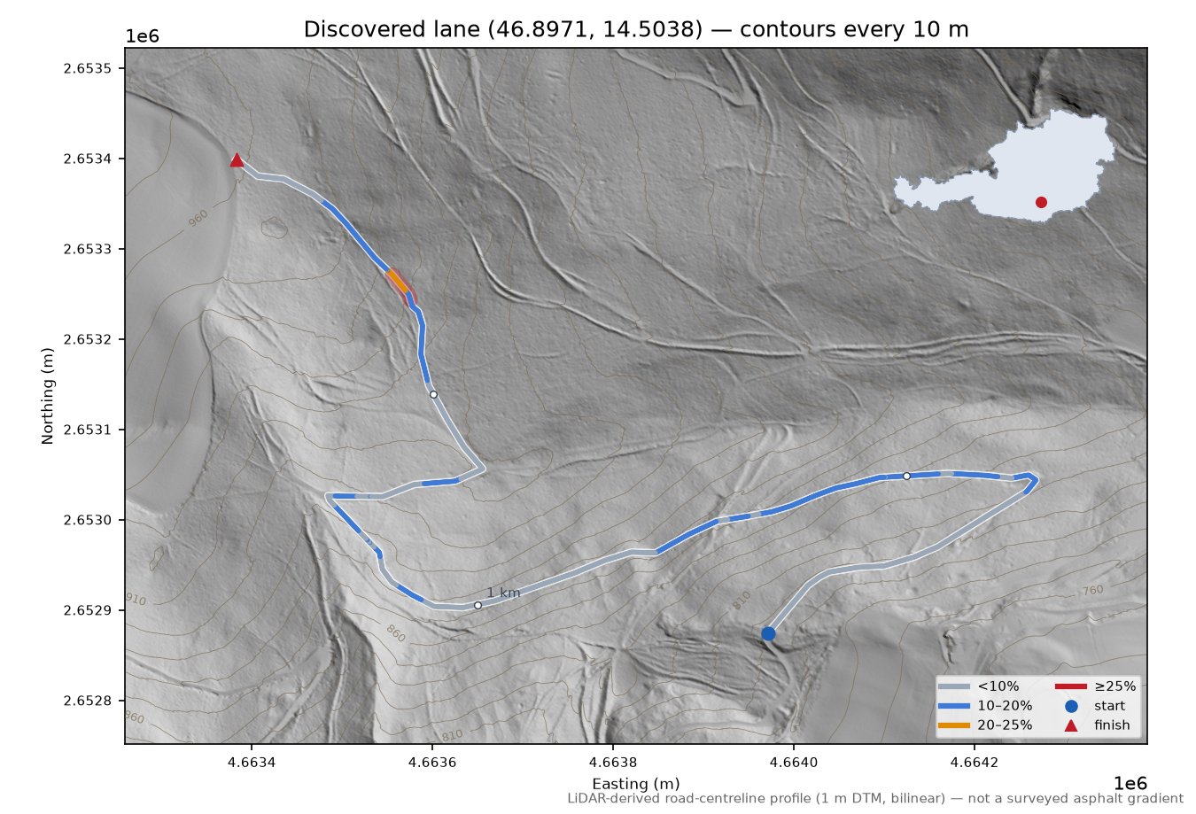 Discovered lane (46.8971, 14.5038) LiDAR hillshade map with contours