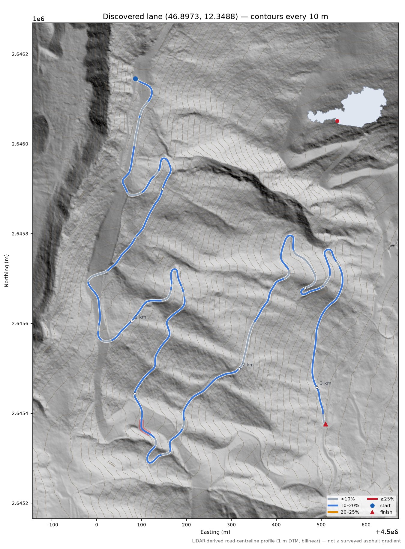 Discovered lane (46.8973, 12.3488) LiDAR hillshade map with contours