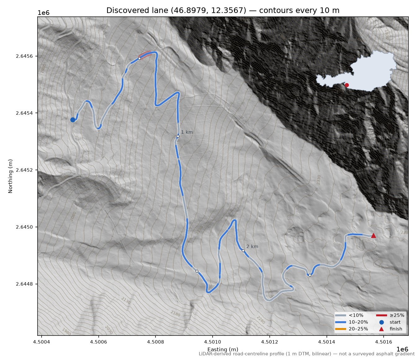 Discovered lane (46.8979, 12.3567) LiDAR hillshade map with contours