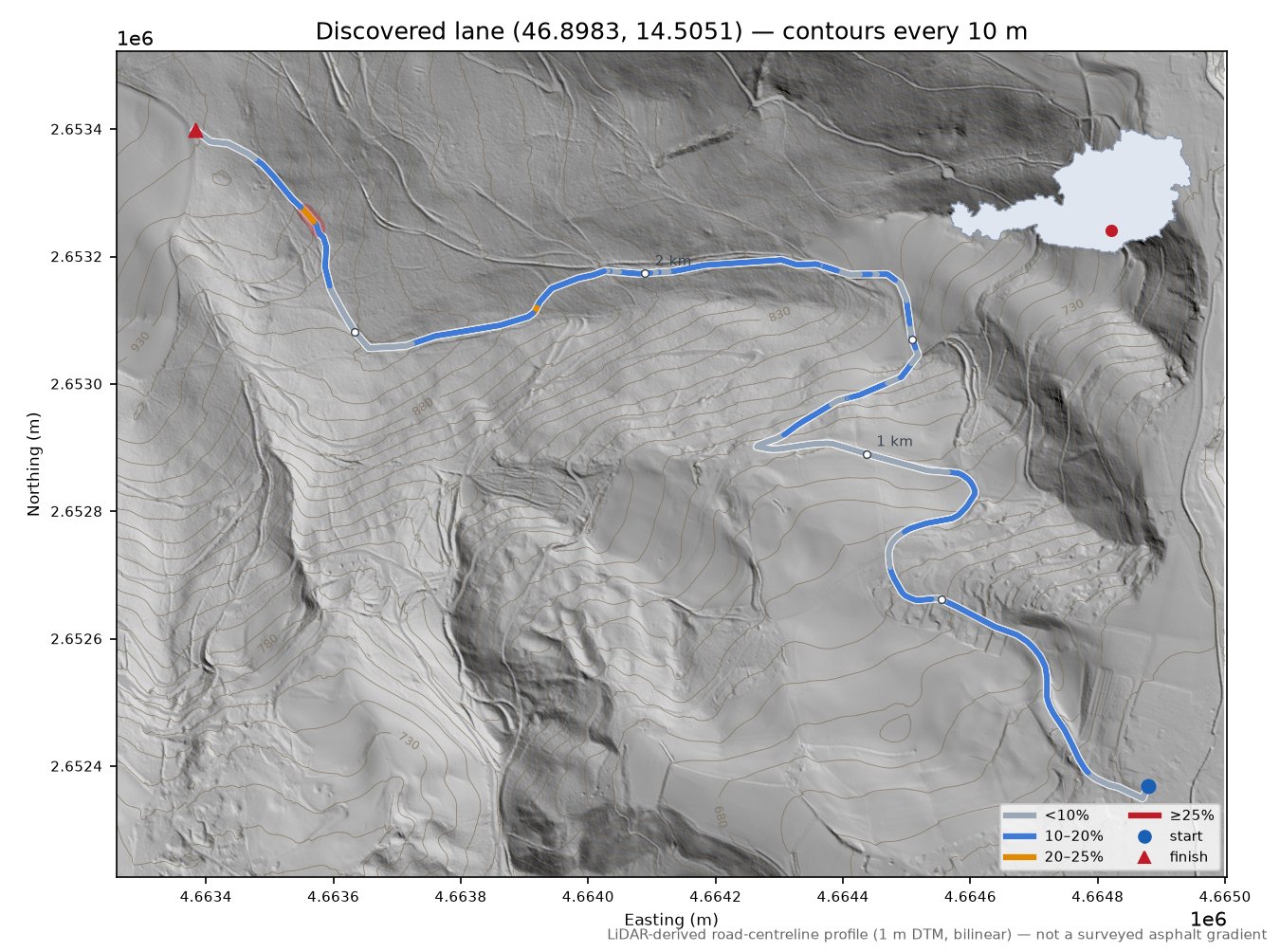 Discovered lane (46.8983, 14.5051) LiDAR hillshade map with contours