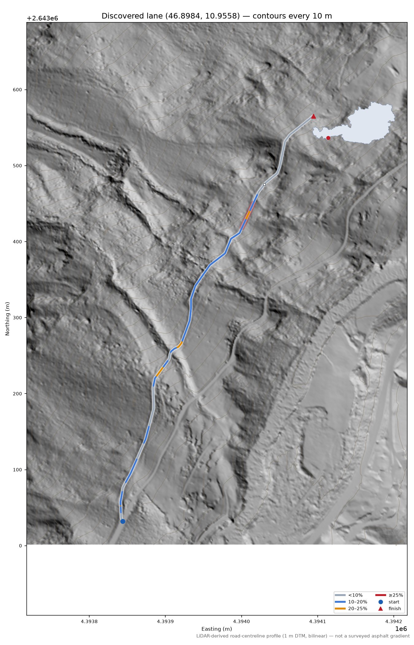 Discovered lane (46.8984, 10.9558) LiDAR hillshade map with contours
