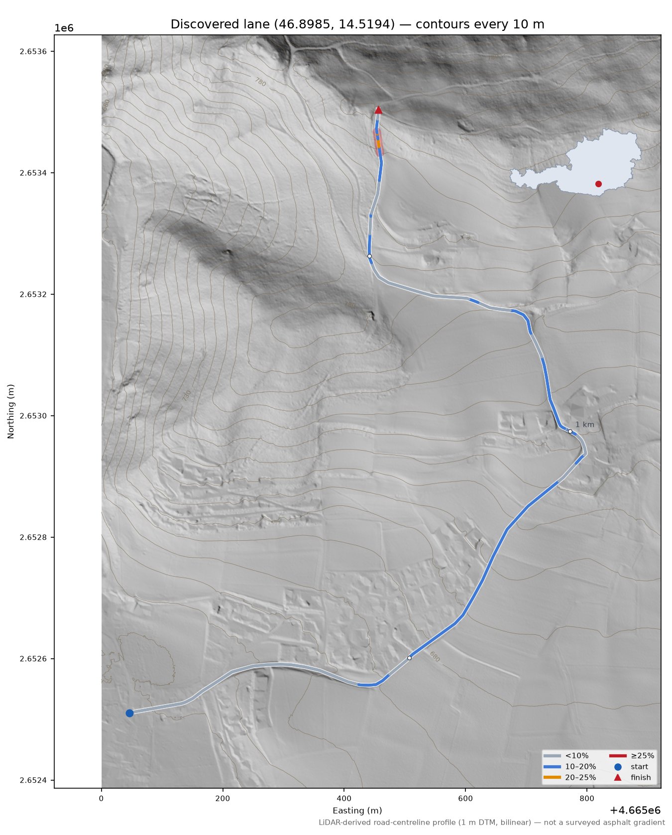 Discovered lane (46.8985, 14.5194) LiDAR hillshade map with contours
