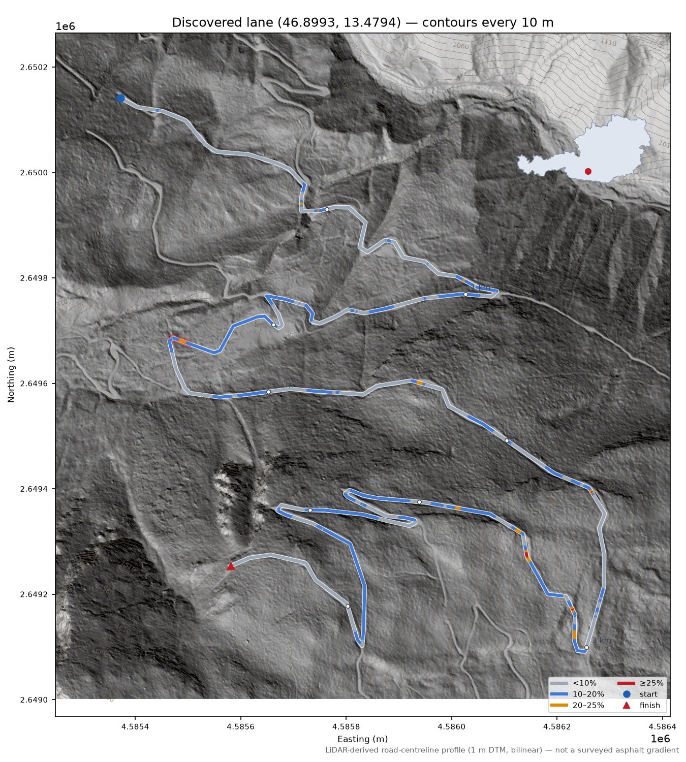Discovered lane (46.8993, 13.4794) LiDAR hillshade map with contours