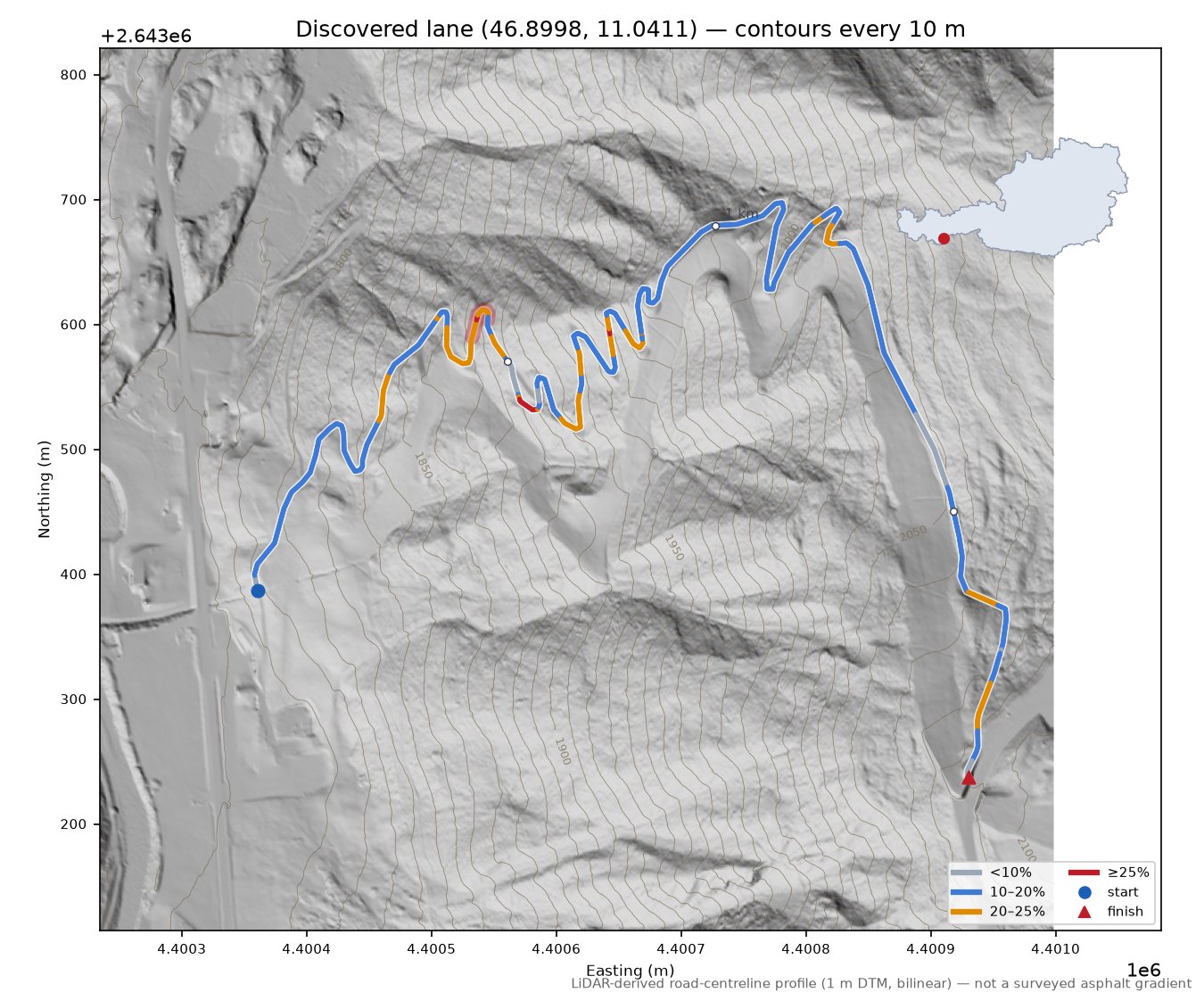 Discovered lane (46.8998, 11.0411) LiDAR hillshade map with contours