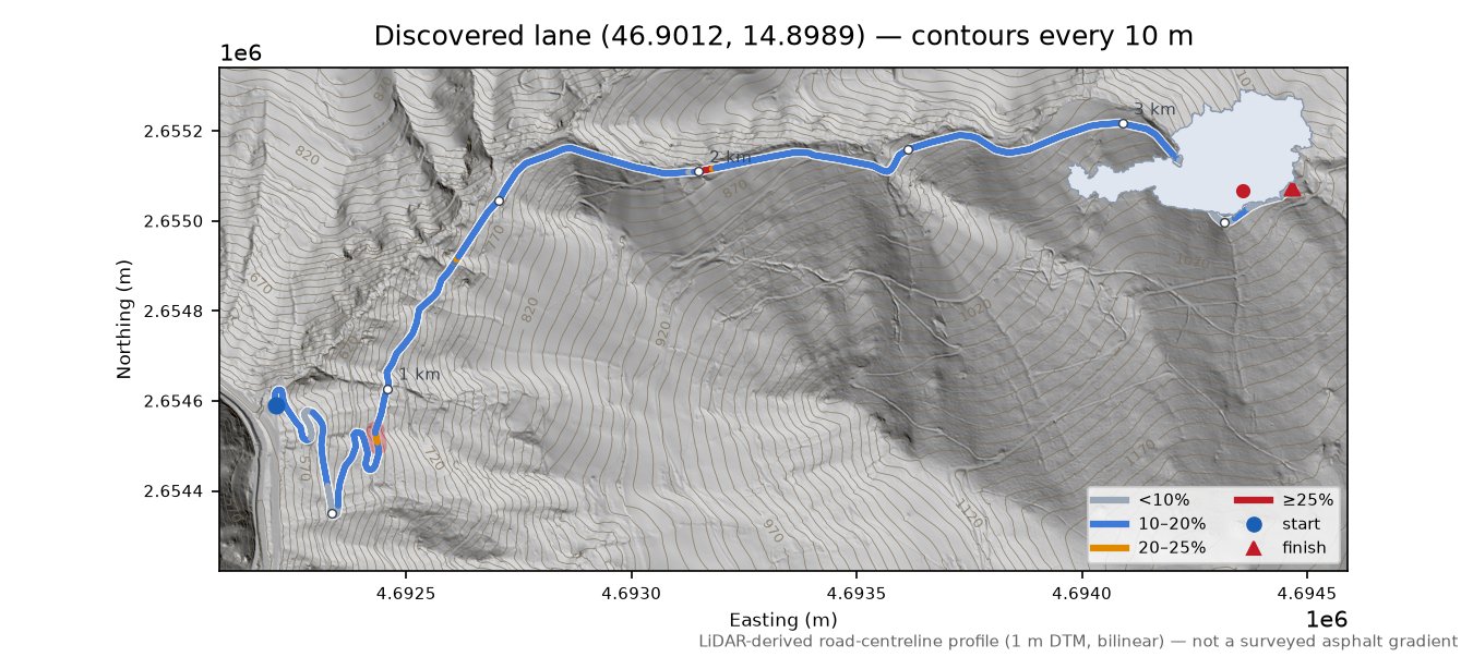 Discovered lane (46.9012, 14.8989) LiDAR hillshade map with contours