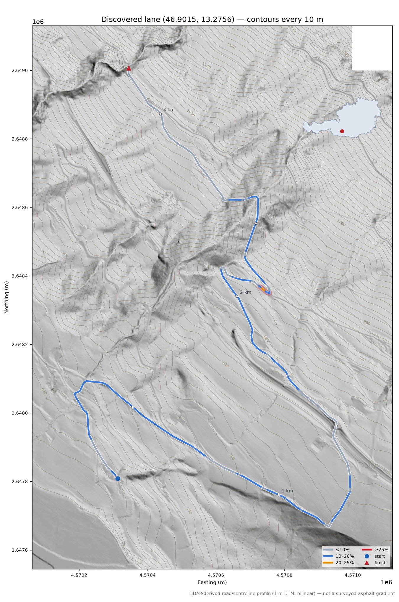 Discovered lane (46.9015, 13.2756) LiDAR hillshade map with contours