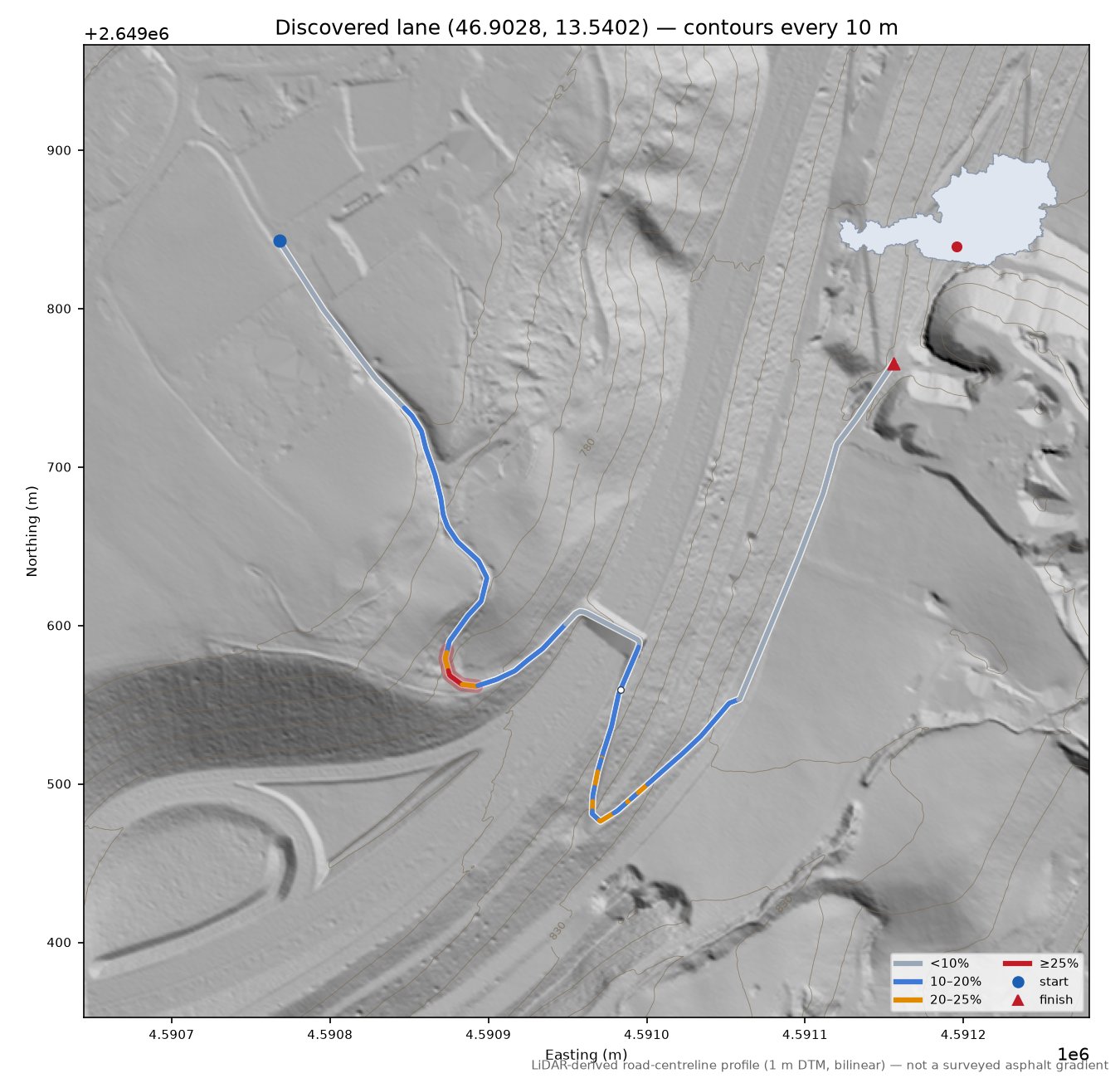 Discovered lane (46.9028, 13.5402) LiDAR hillshade map with contours