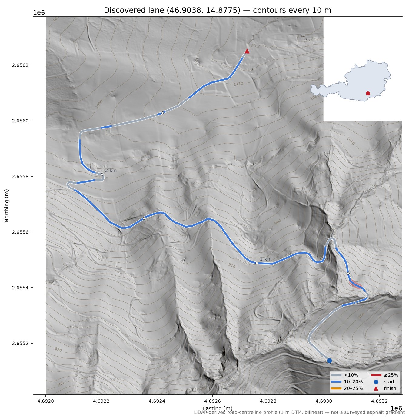 Discovered lane (46.9038, 14.8775) LiDAR hillshade map with contours