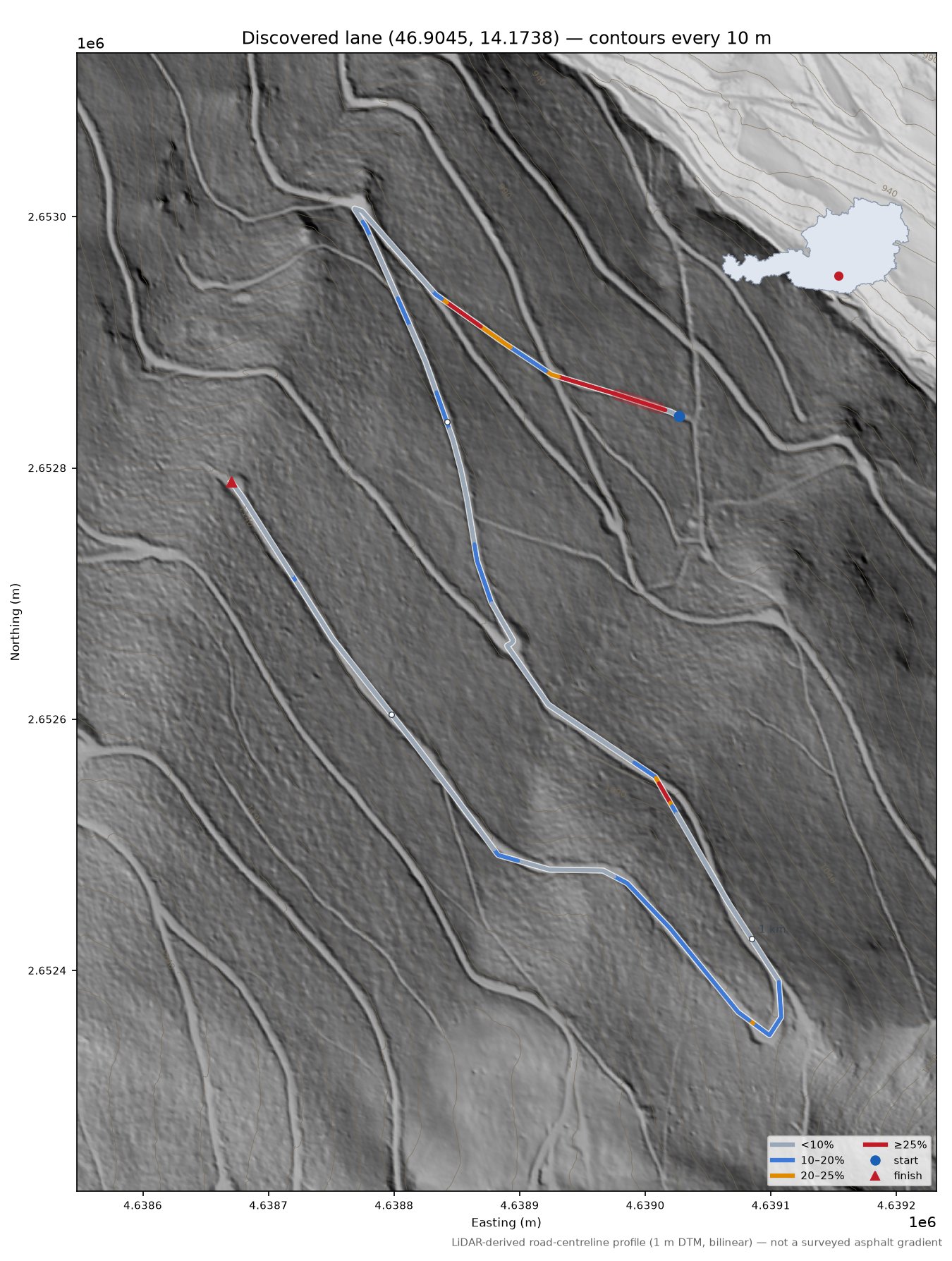 Discovered lane (46.9045, 14.1738) LiDAR hillshade map with contours