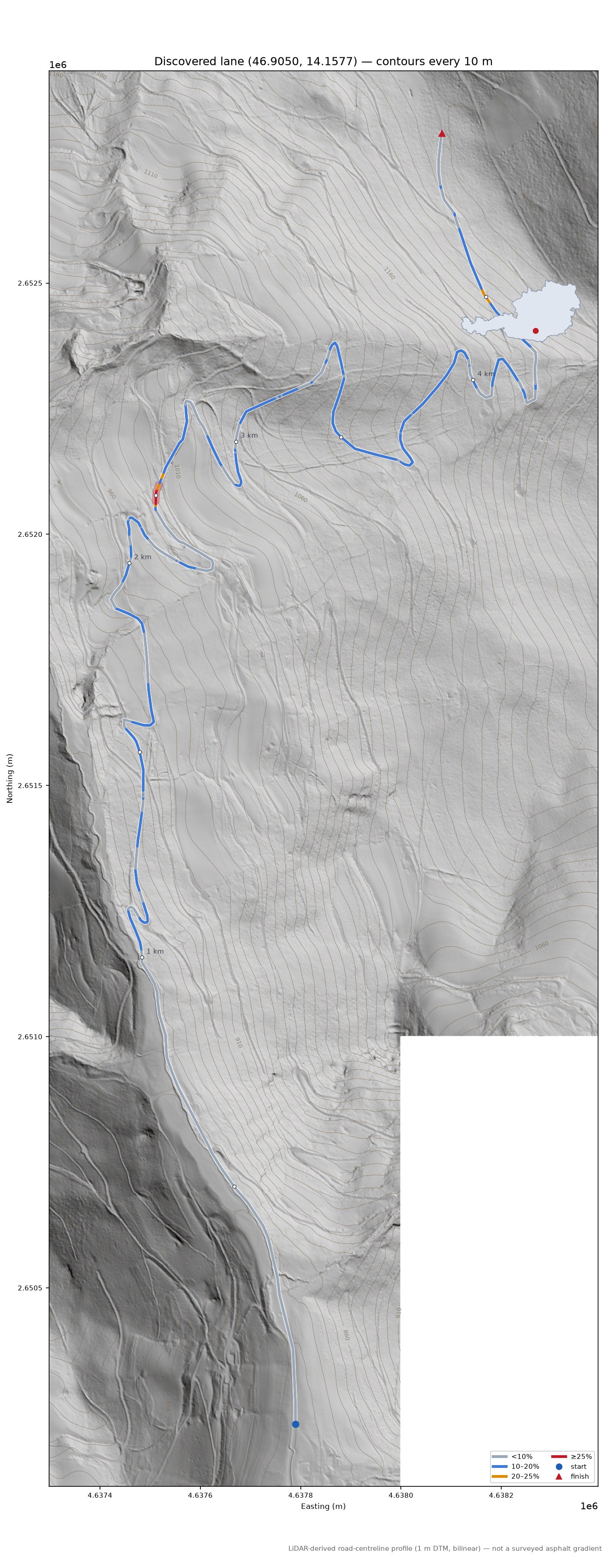 Discovered lane (46.9050, 14.1577) LiDAR hillshade map with contours