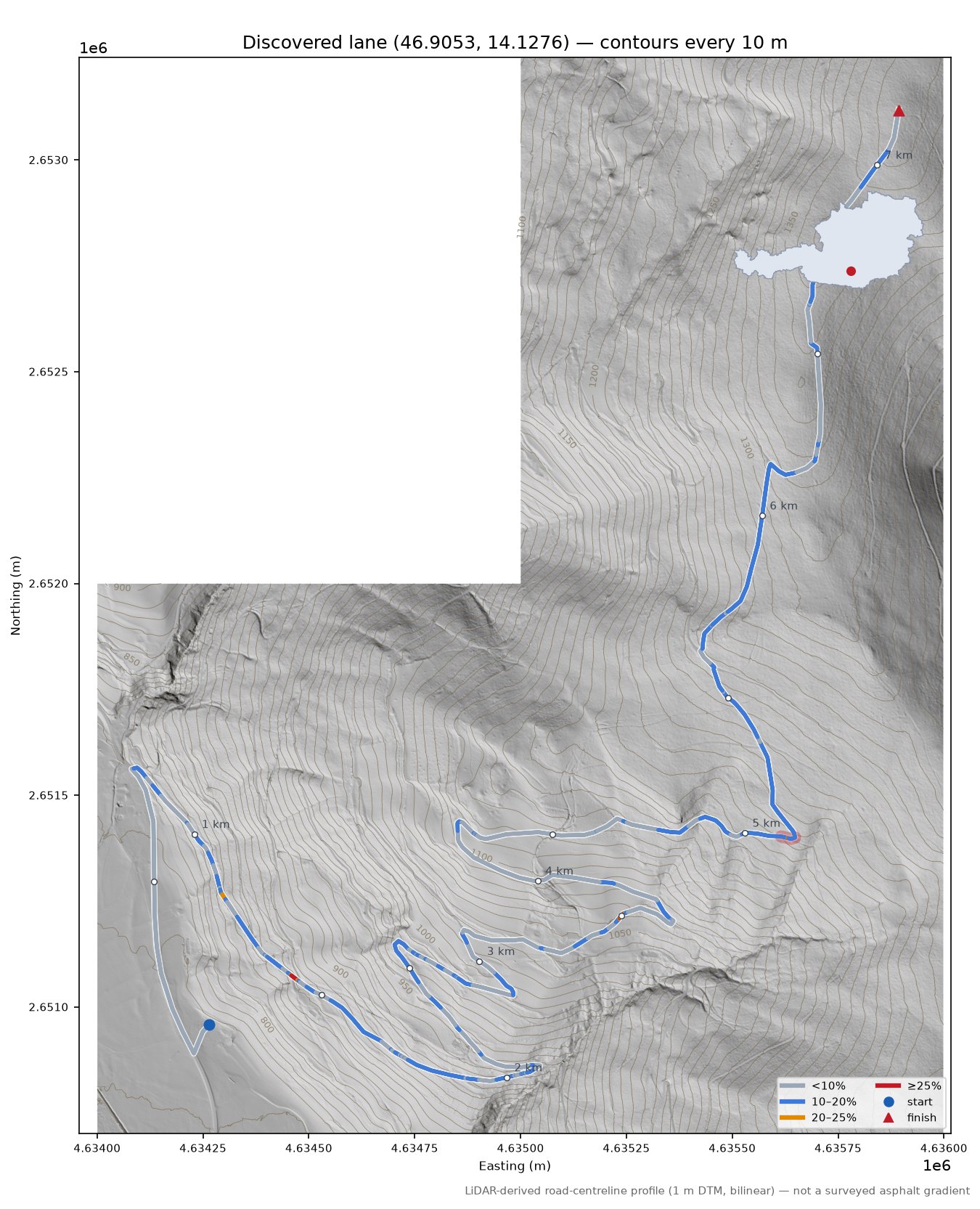 Discovered lane (46.9053, 14.1276) LiDAR hillshade map with contours