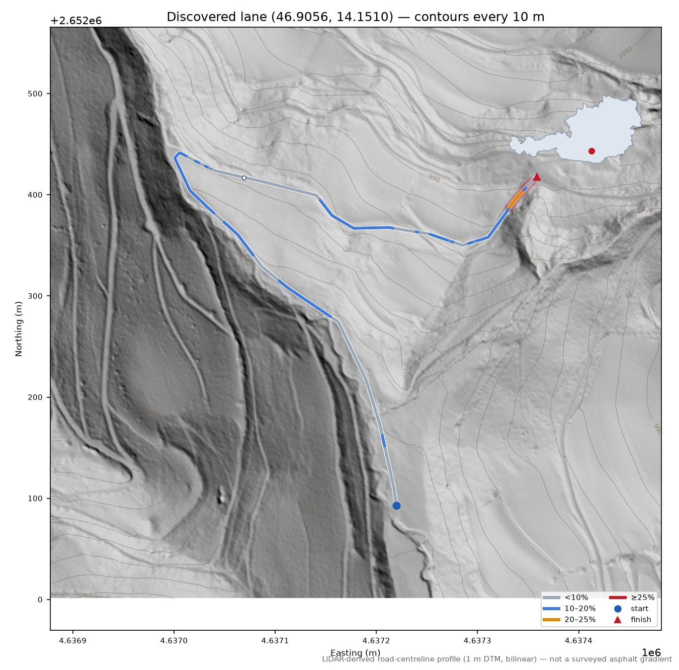 Discovered lane (46.9056, 14.1510) LiDAR hillshade map with contours