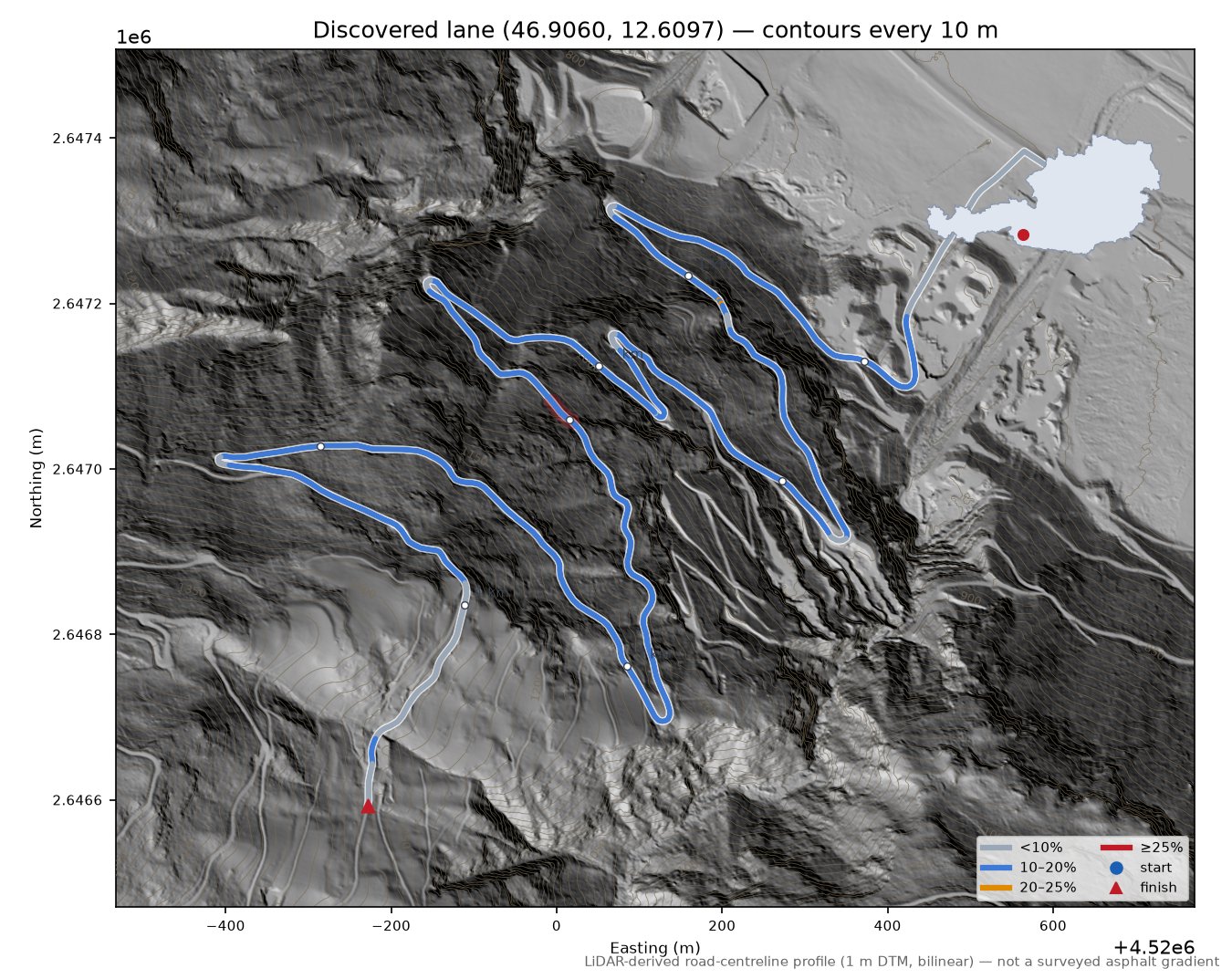 Discovered lane (46.9060, 12.6097) LiDAR hillshade map with contours