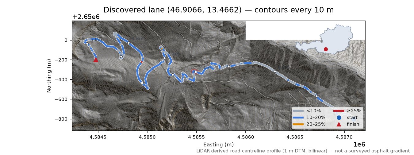 Discovered lane (46.9066, 13.4662) LiDAR hillshade map with contours