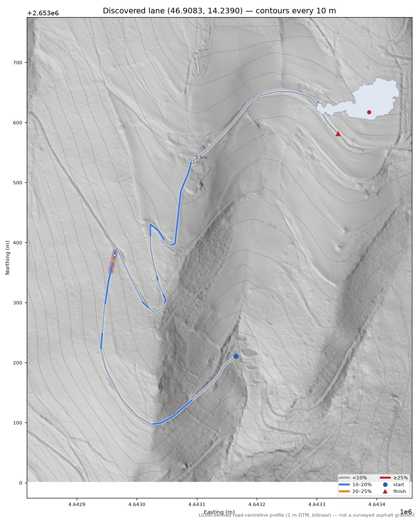 Discovered lane (46.9083, 14.2390) LiDAR hillshade map with contours