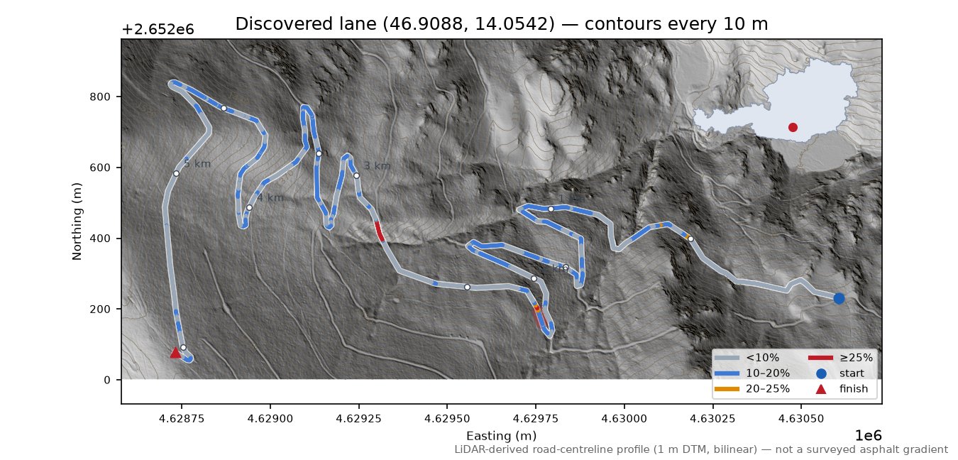 Discovered lane (46.9088, 14.0542) LiDAR hillshade map with contours