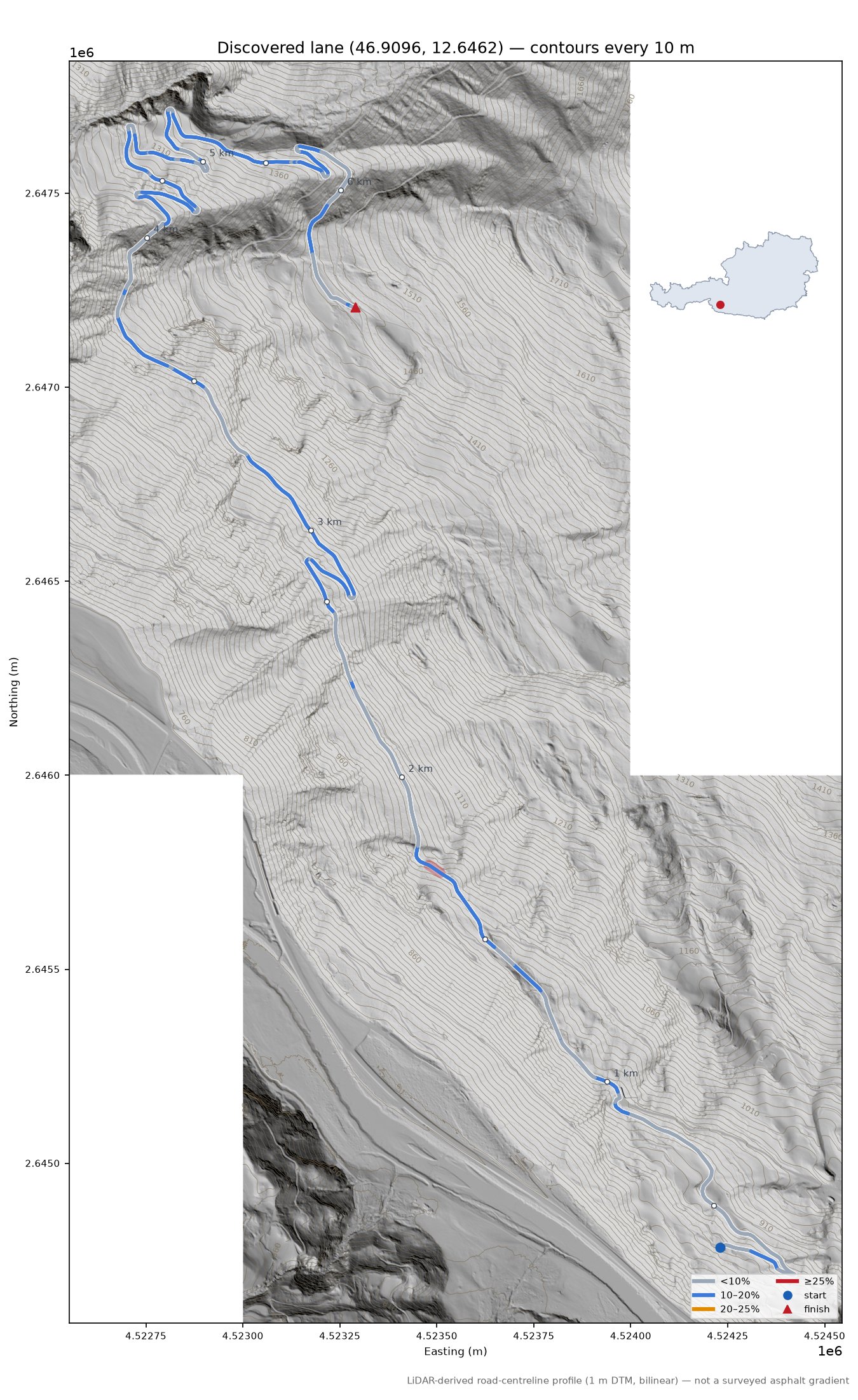 Discovered lane (46.9096, 12.6462) LiDAR hillshade map with contours