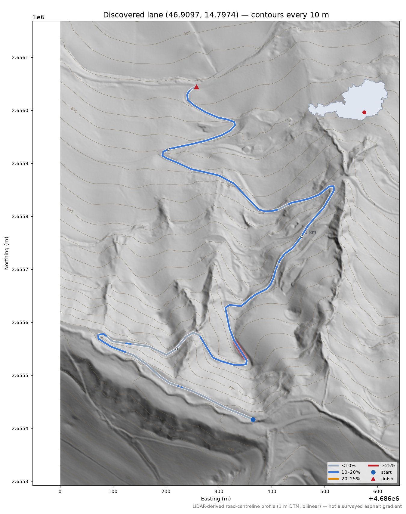 Discovered lane (46.9097, 14.7974) LiDAR hillshade map with contours