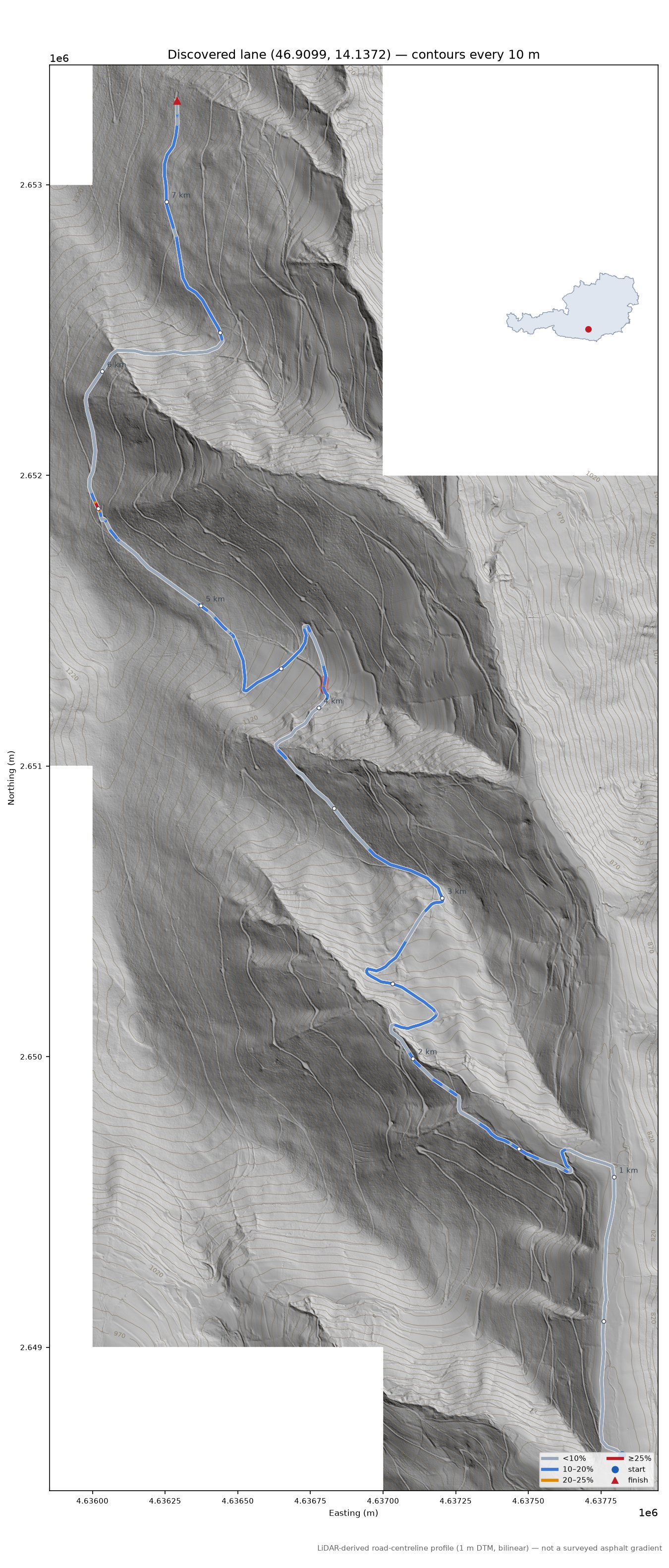 Discovered lane (46.9099, 14.1372) LiDAR hillshade map with contours
