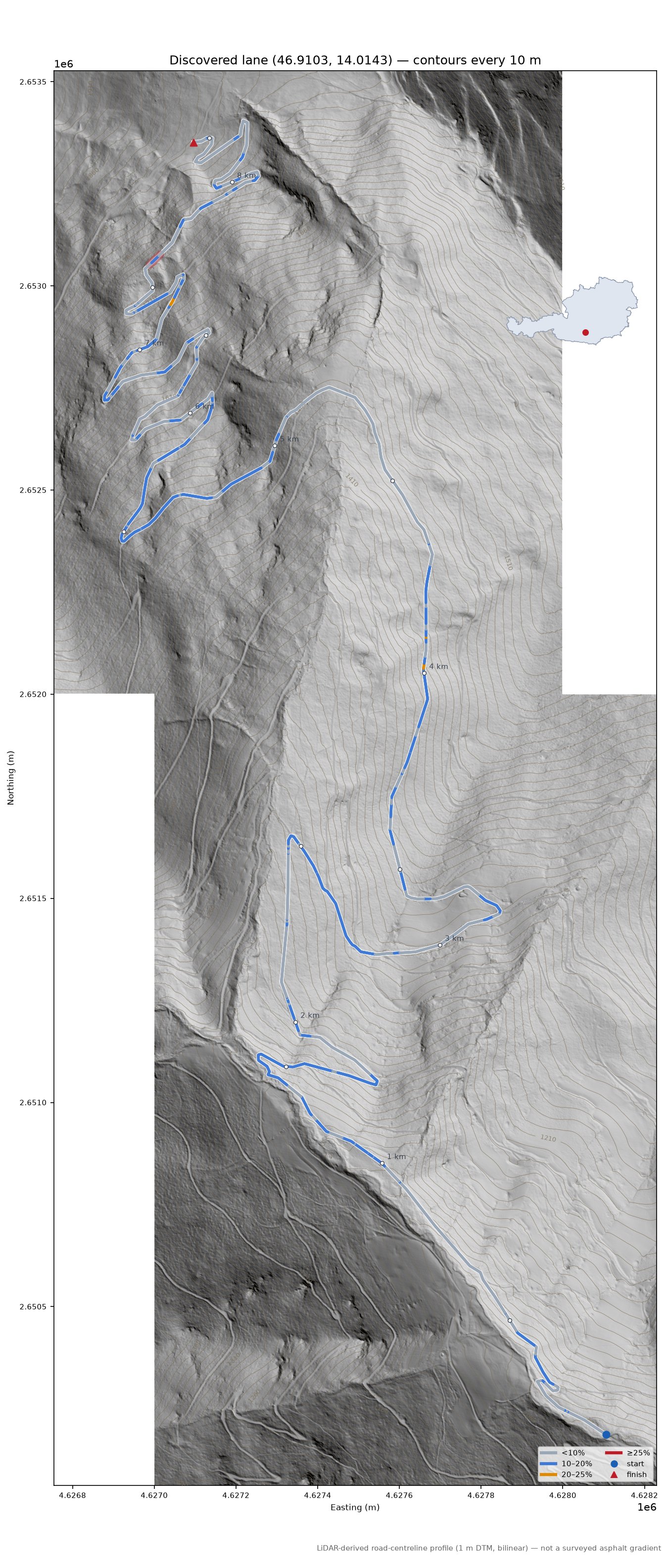 Discovered lane (46.9103, 14.0143) LiDAR hillshade map with contours