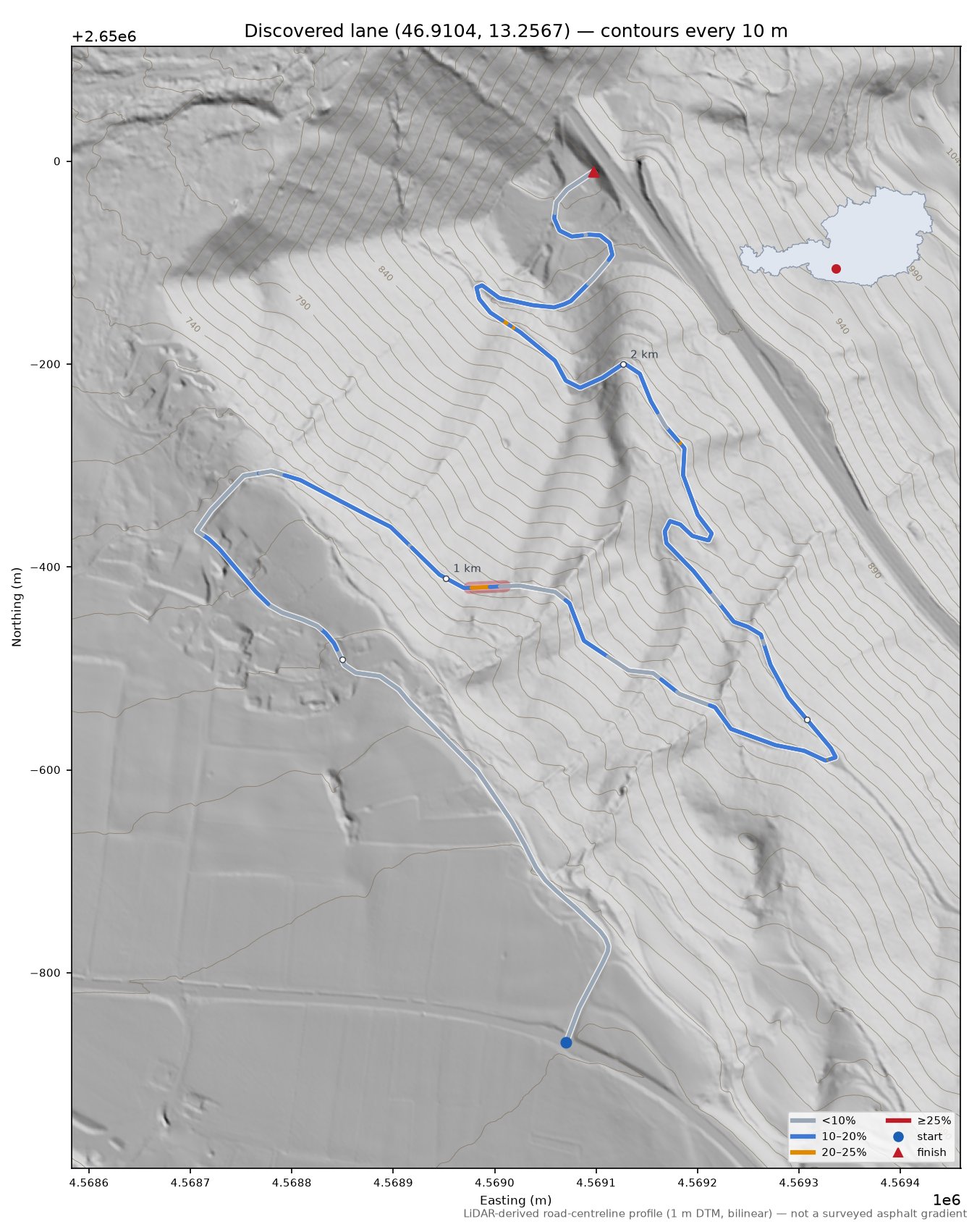 Discovered lane (46.9104, 13.2567) LiDAR hillshade map with contours