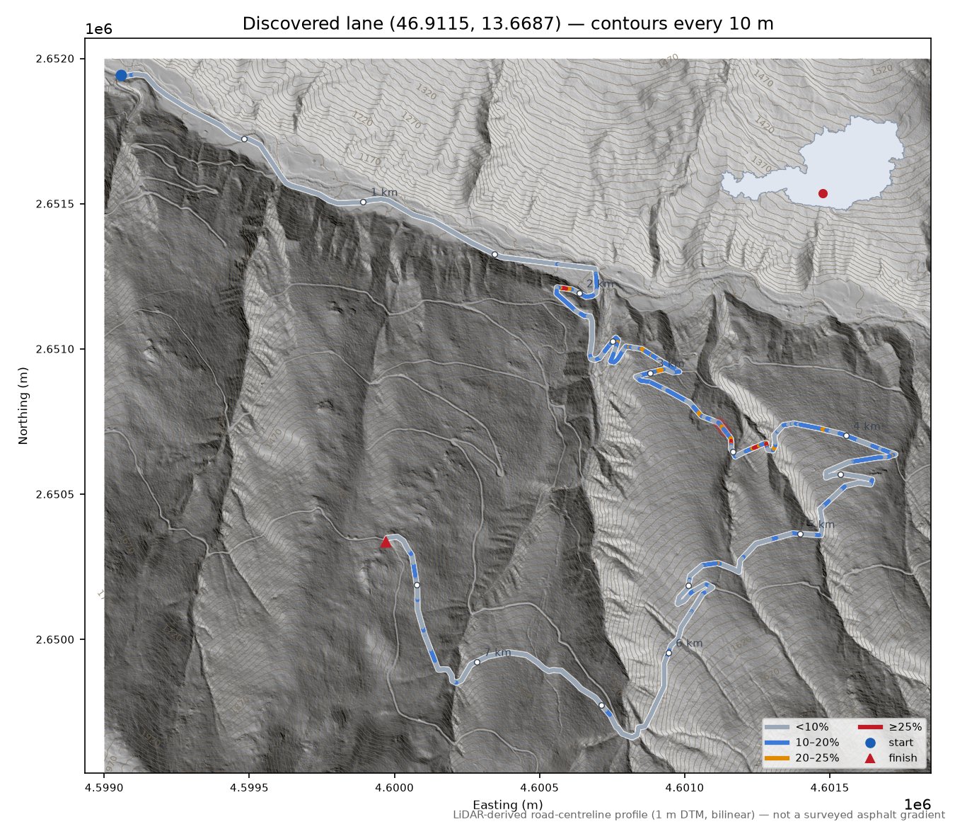 Discovered lane (46.9115, 13.6687) LiDAR hillshade map with contours