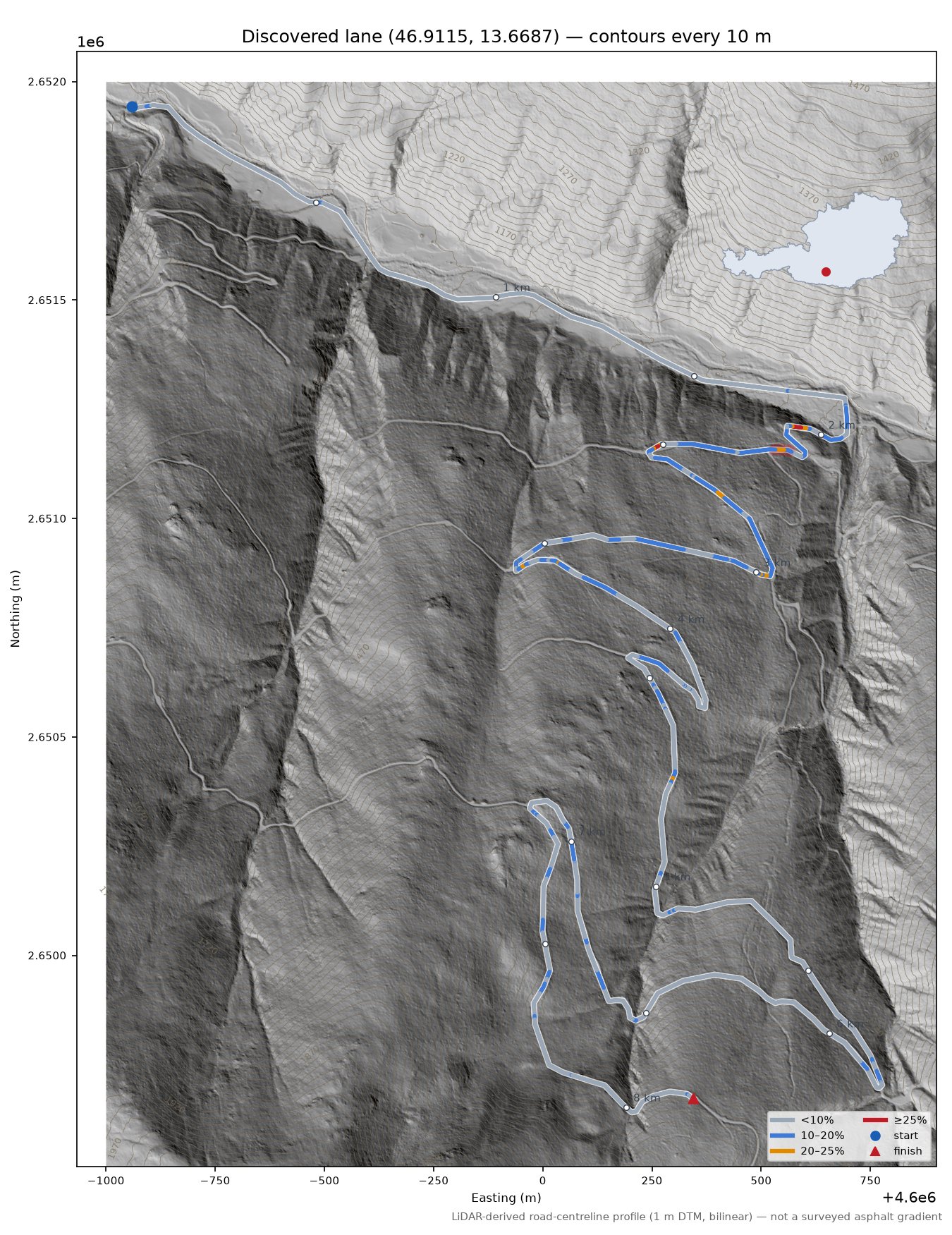 Discovered lane (46.9115, 13.6687) LiDAR hillshade map with contours