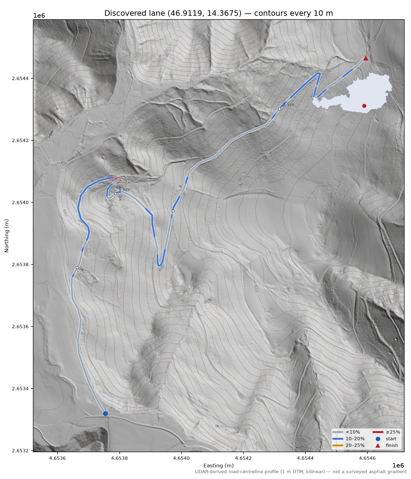 Discovered lane (46.9119, 14.3675) LiDAR hillshade map with contours