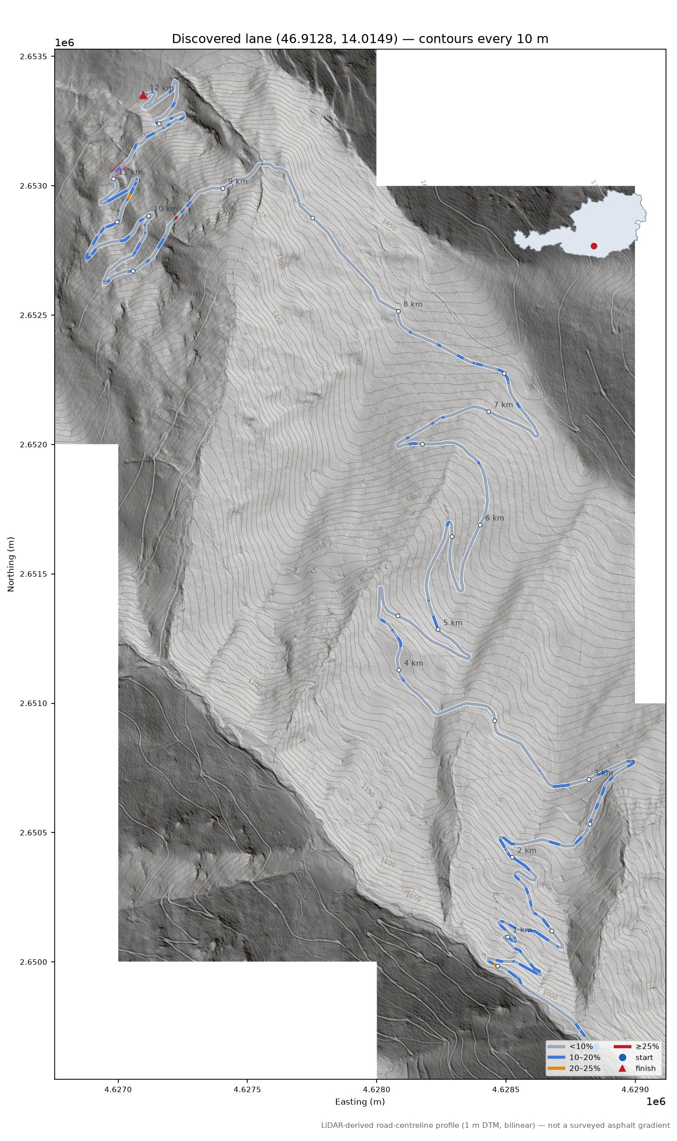Discovered lane (46.9128, 14.0149) LiDAR hillshade map with contours
