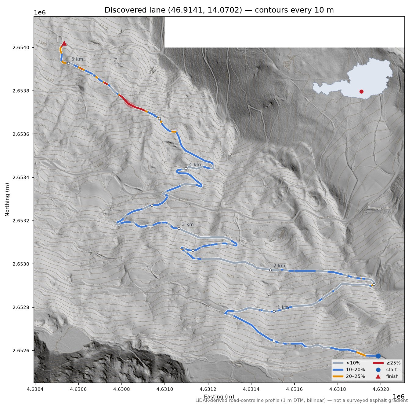 Discovered lane (46.9141, 14.0702) LiDAR hillshade map with contours