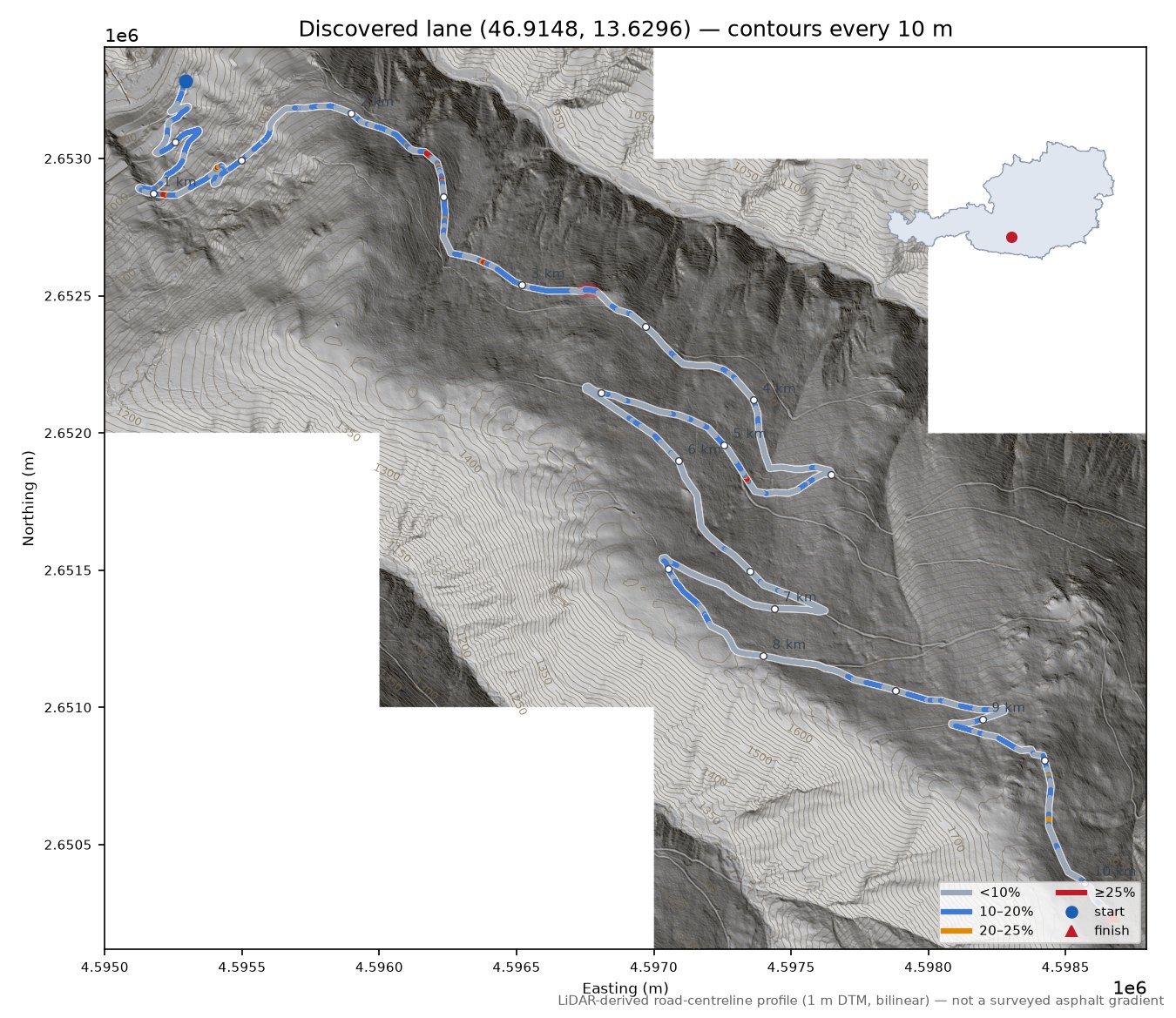 Discovered lane (46.9148, 13.6296) LiDAR hillshade map with contours