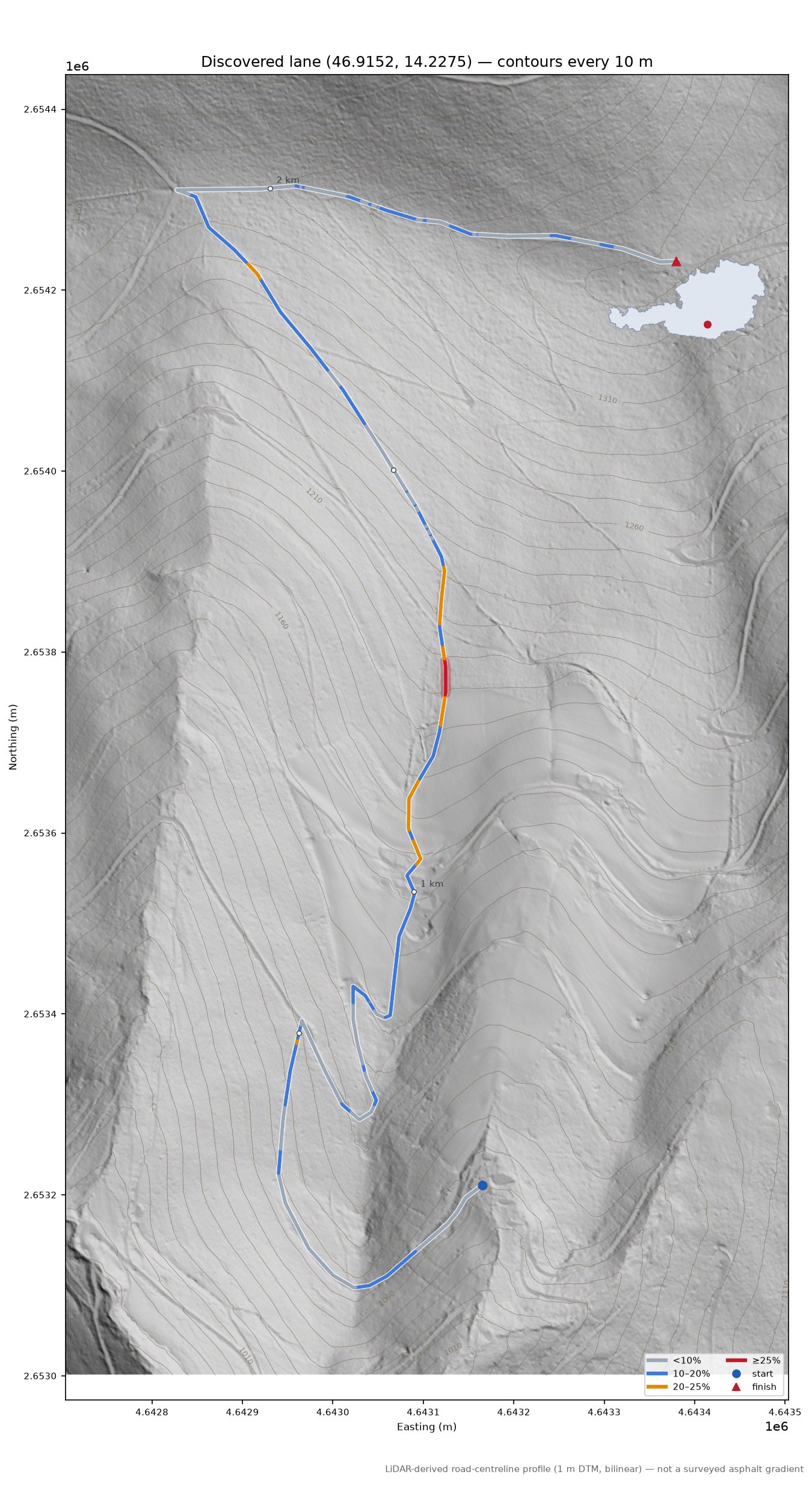 Discovered lane (46.9152, 14.2275) LiDAR hillshade map with contours
