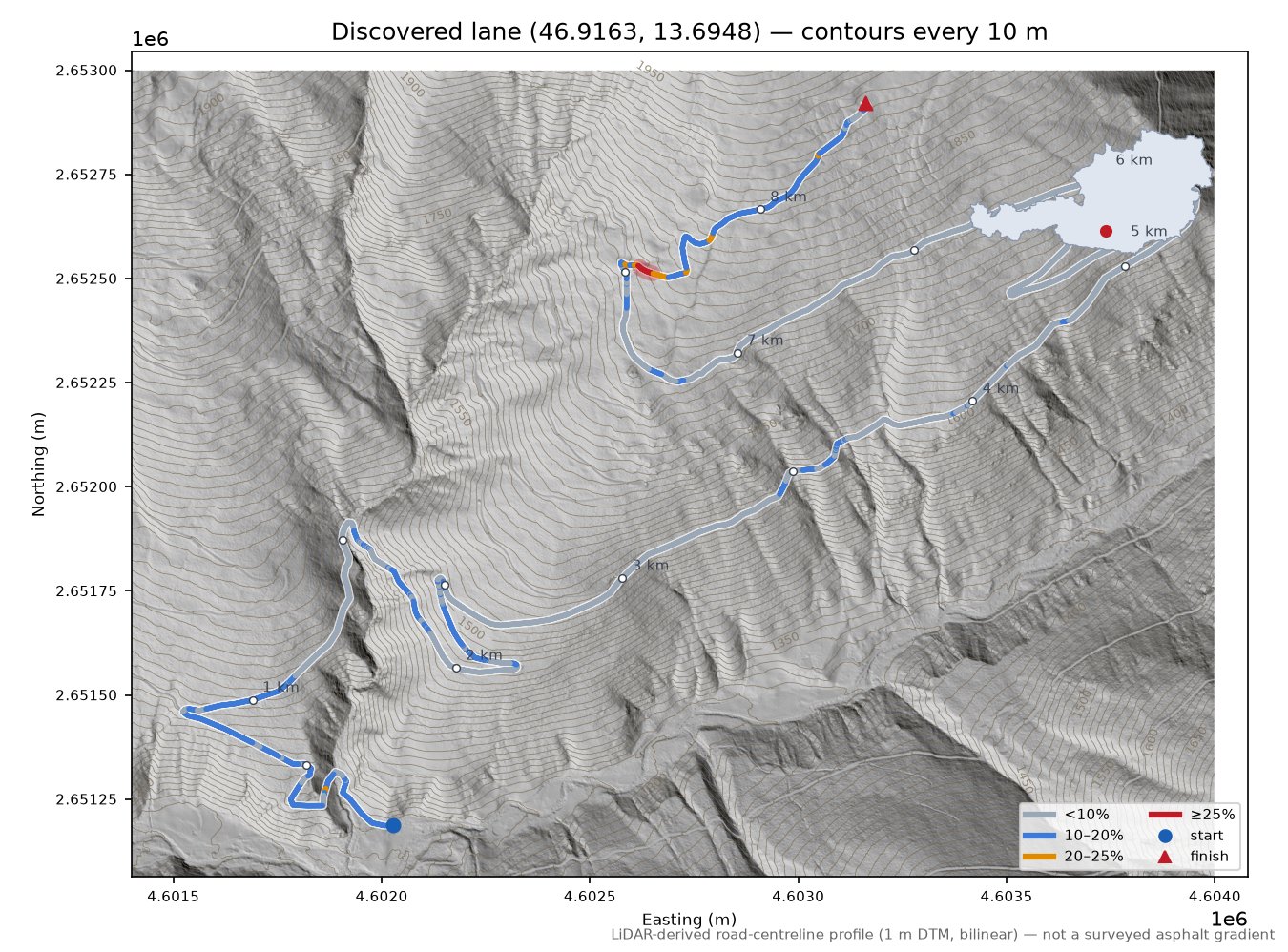 Discovered lane (46.9163, 13.6948) LiDAR hillshade map with contours