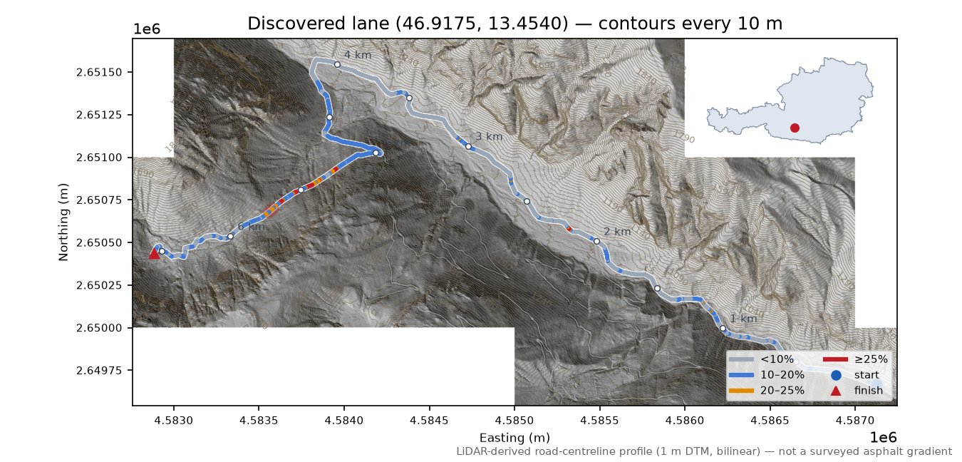Discovered lane (46.9175, 13.4540) LiDAR hillshade map with contours