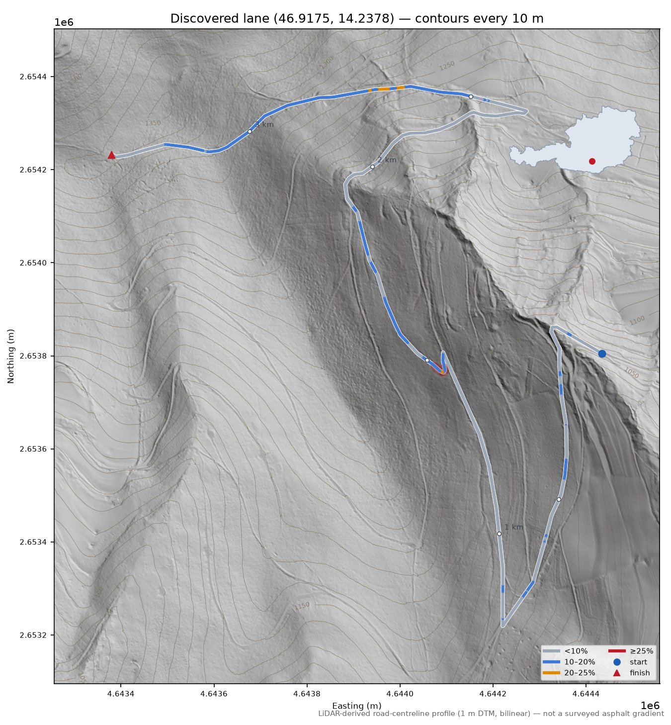 Discovered lane (46.9175, 14.2378) LiDAR hillshade map with contours