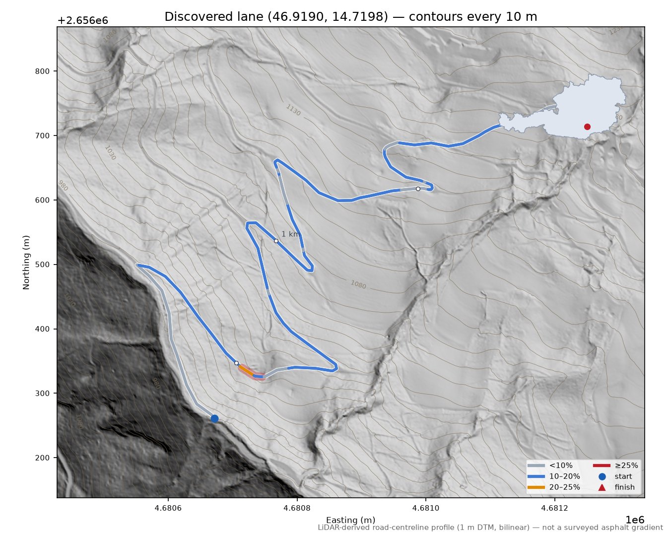 Discovered lane (46.9190, 14.7198) LiDAR hillshade map with contours