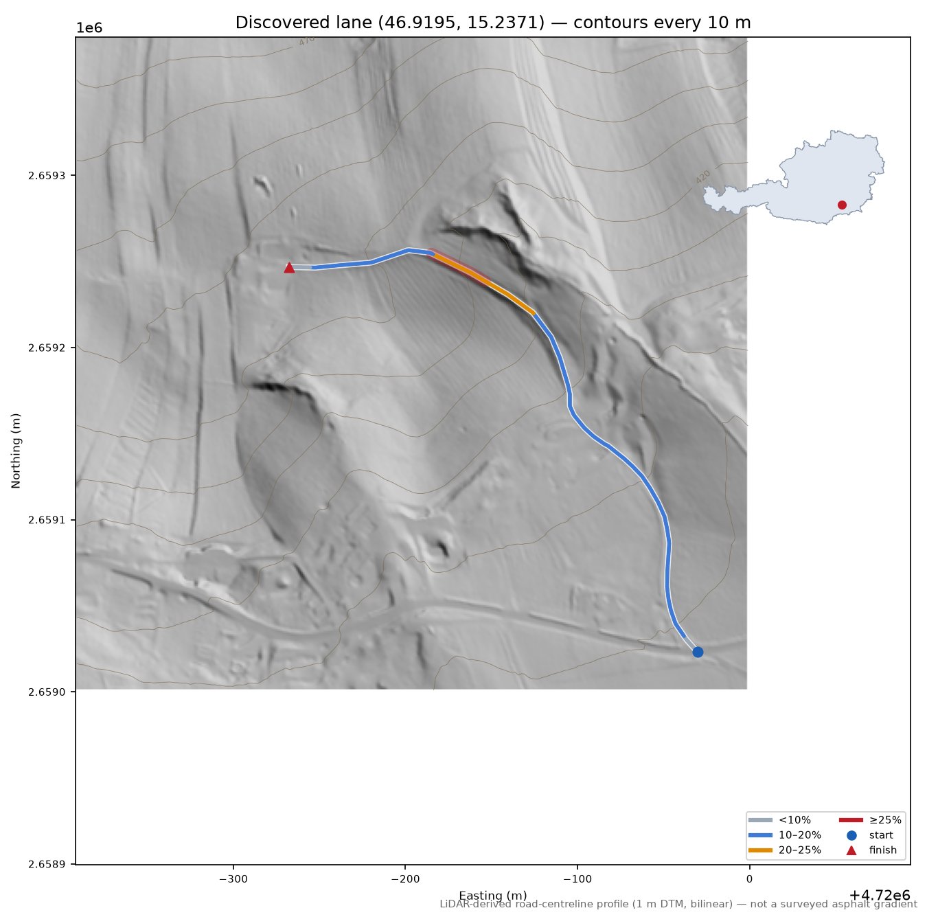 Discovered lane (46.9195, 15.2371) LiDAR hillshade map with contours
