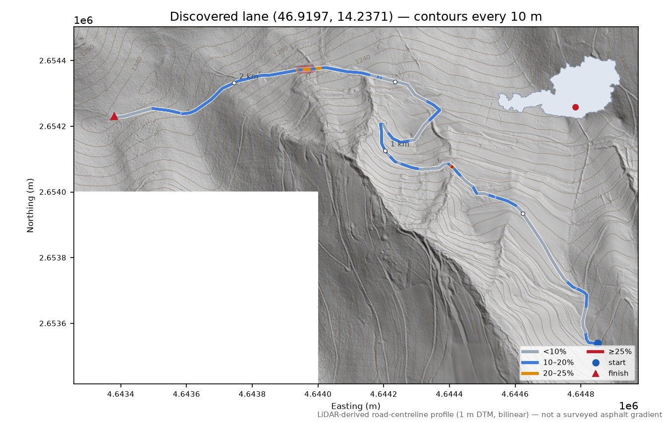 Discovered lane (46.9197, 14.2371) LiDAR hillshade map with contours