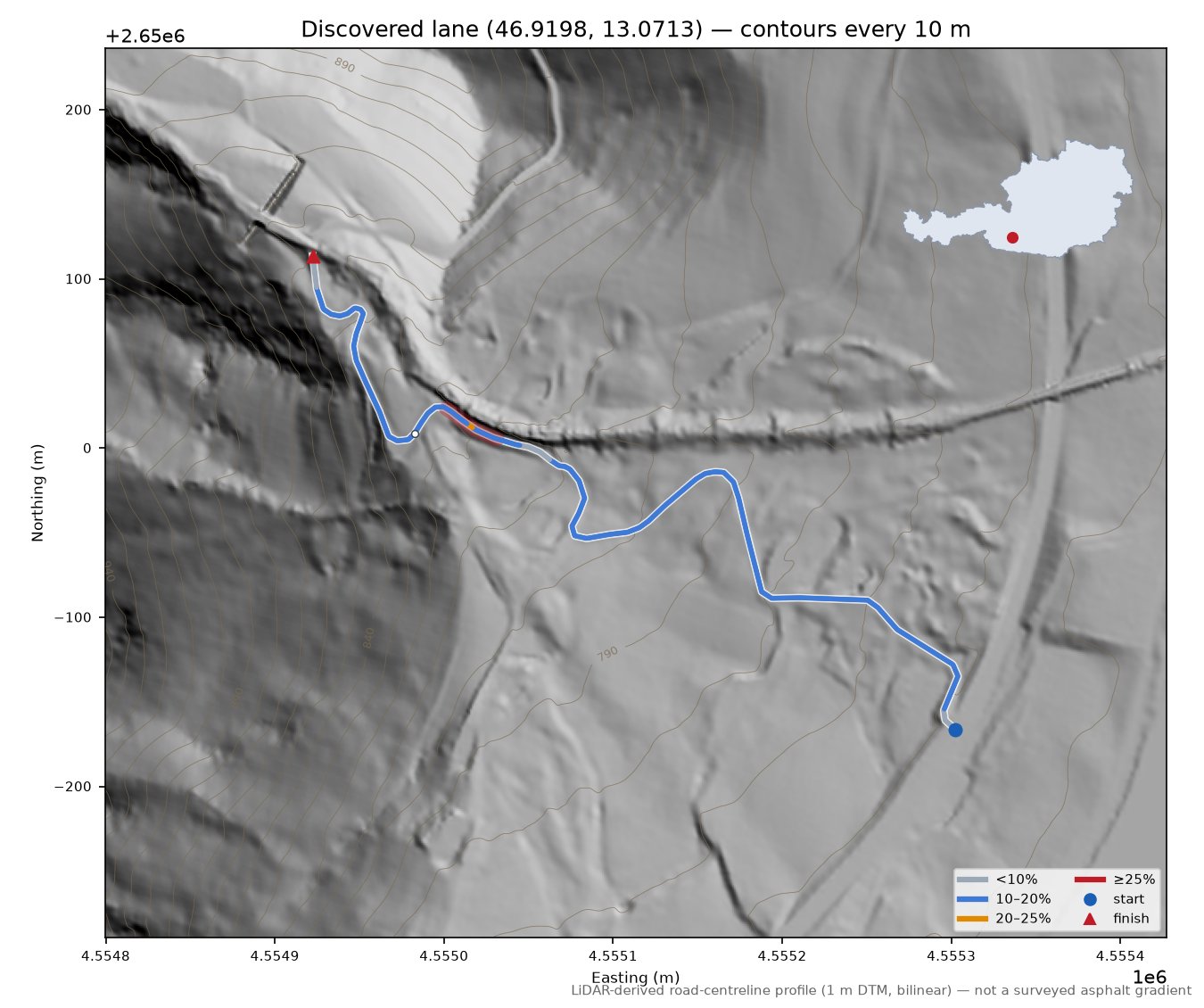 Discovered lane (46.9198, 13.0713) LiDAR hillshade map with contours