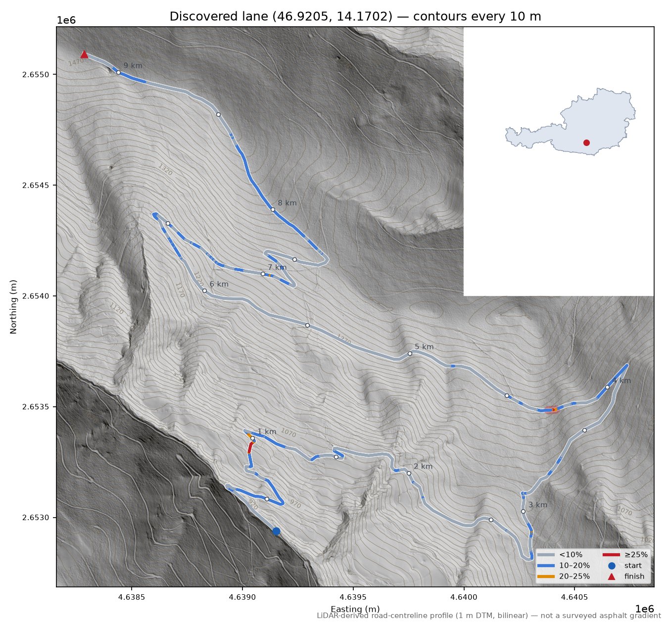 Discovered lane (46.9205, 14.1702) LiDAR hillshade map with contours