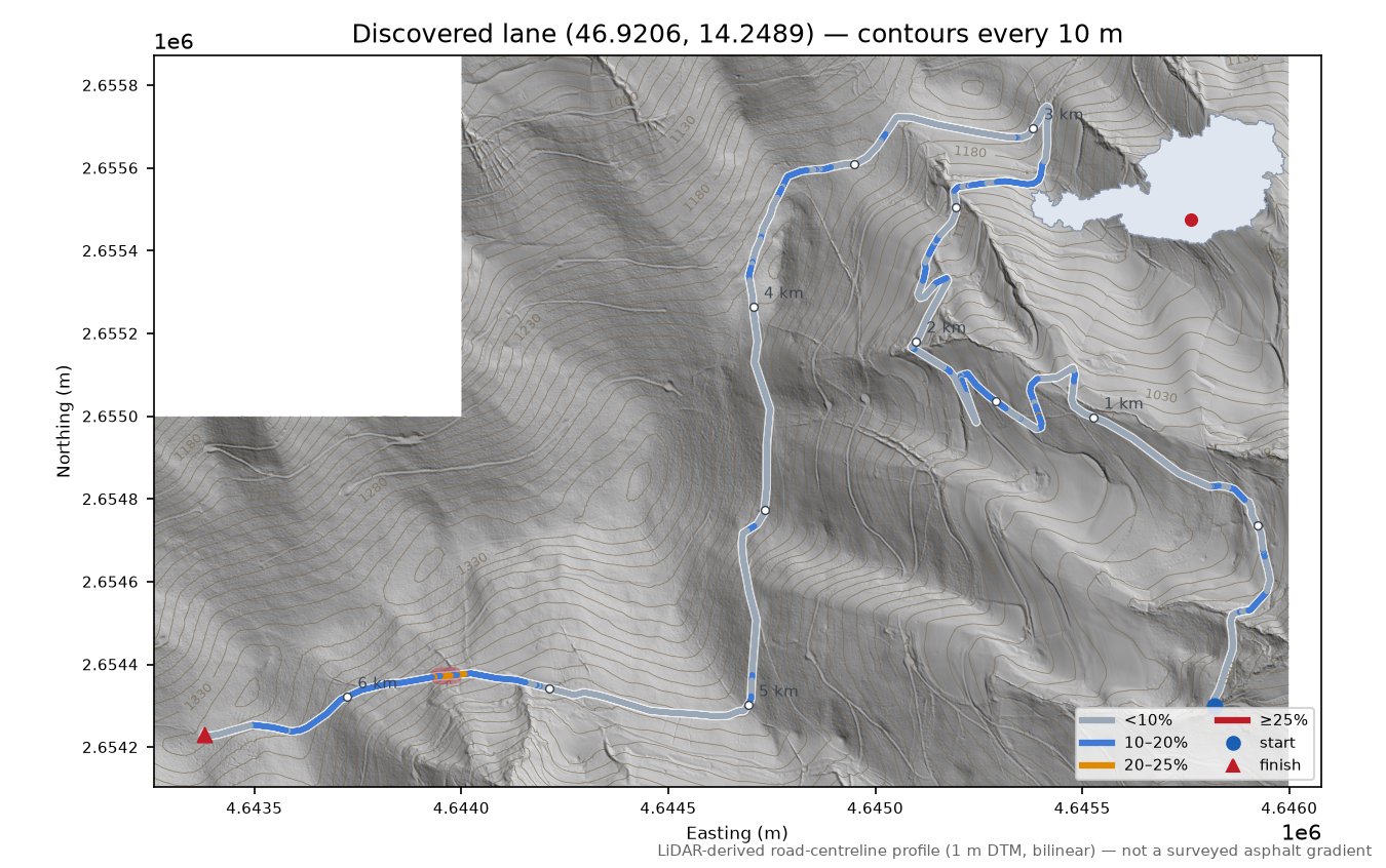 Discovered lane (46.9206, 14.2489) LiDAR hillshade map with contours