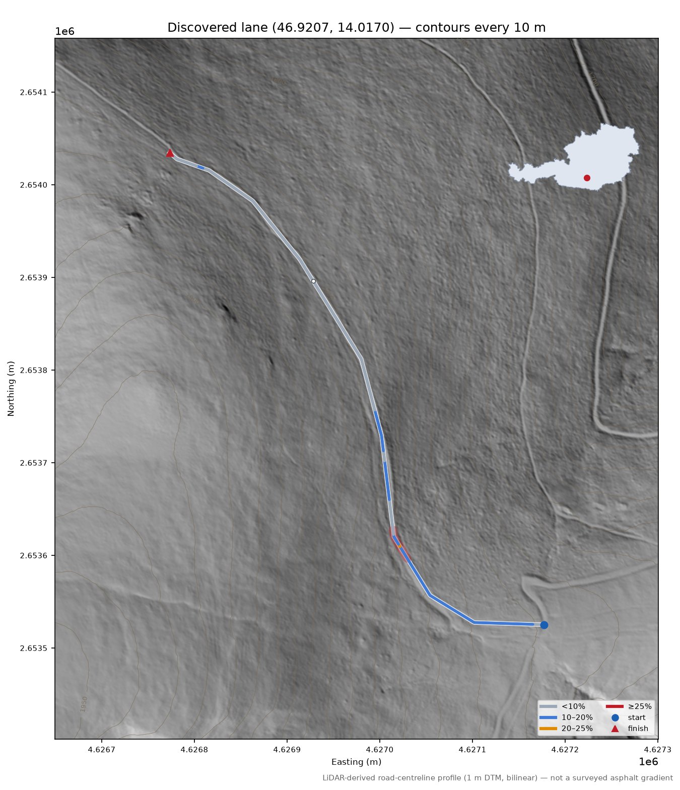 Discovered lane (46.9207, 14.0170) LiDAR hillshade map with contours