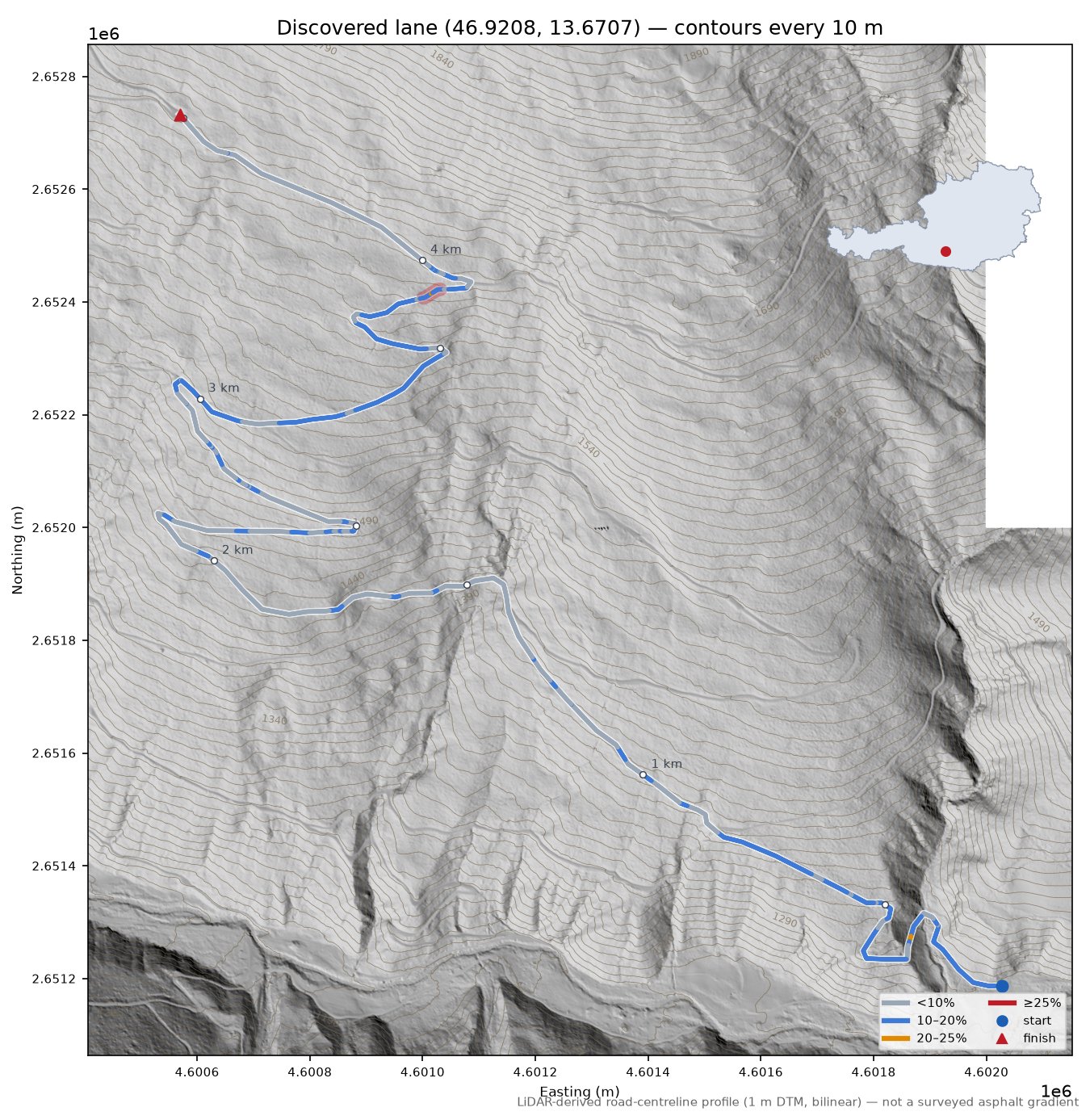 Discovered lane (46.9208, 13.6707) LiDAR hillshade map with contours