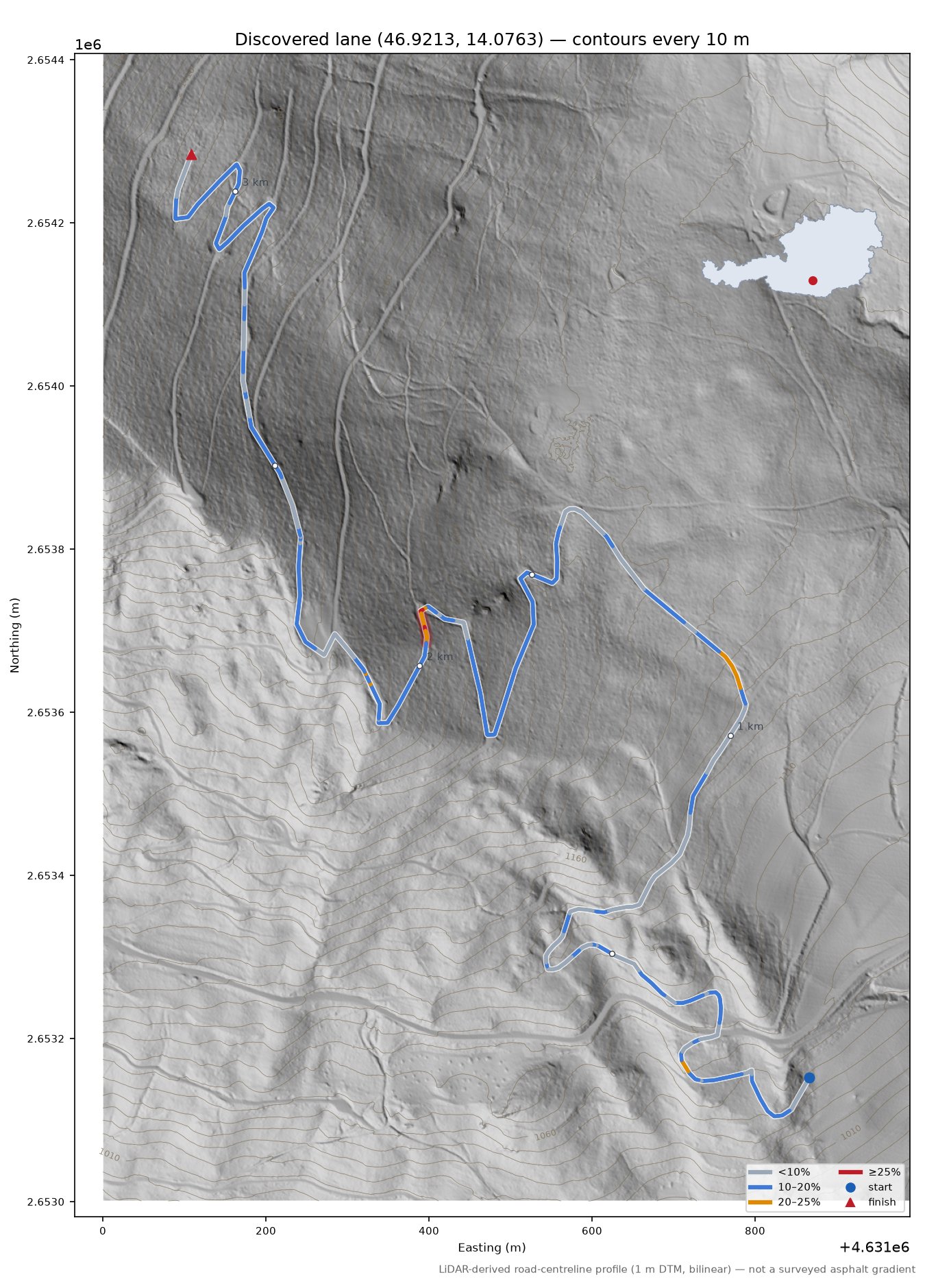 Discovered lane (46.9213, 14.0763) LiDAR hillshade map with contours